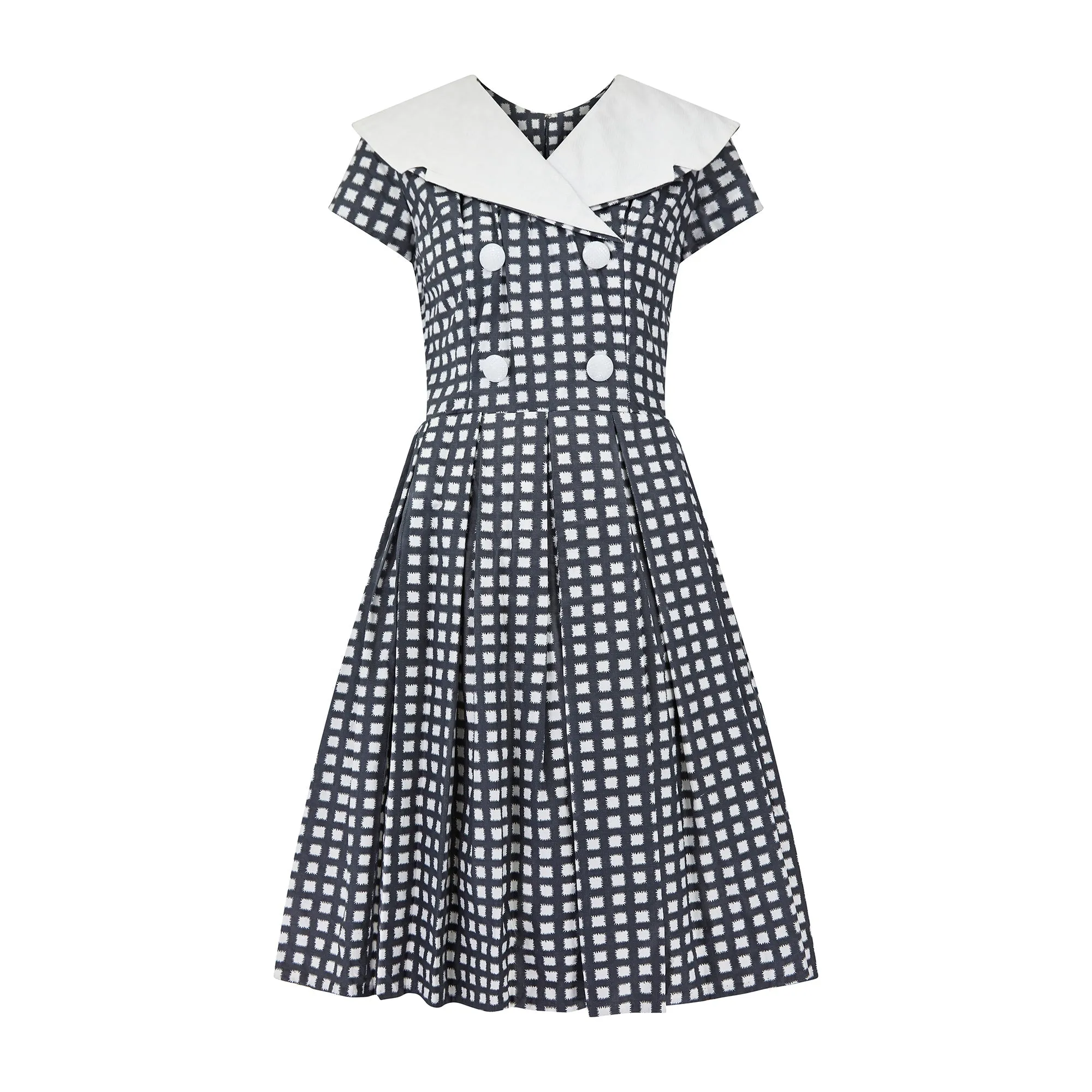 1950s Grey and White Cotton Box Pleat Dress