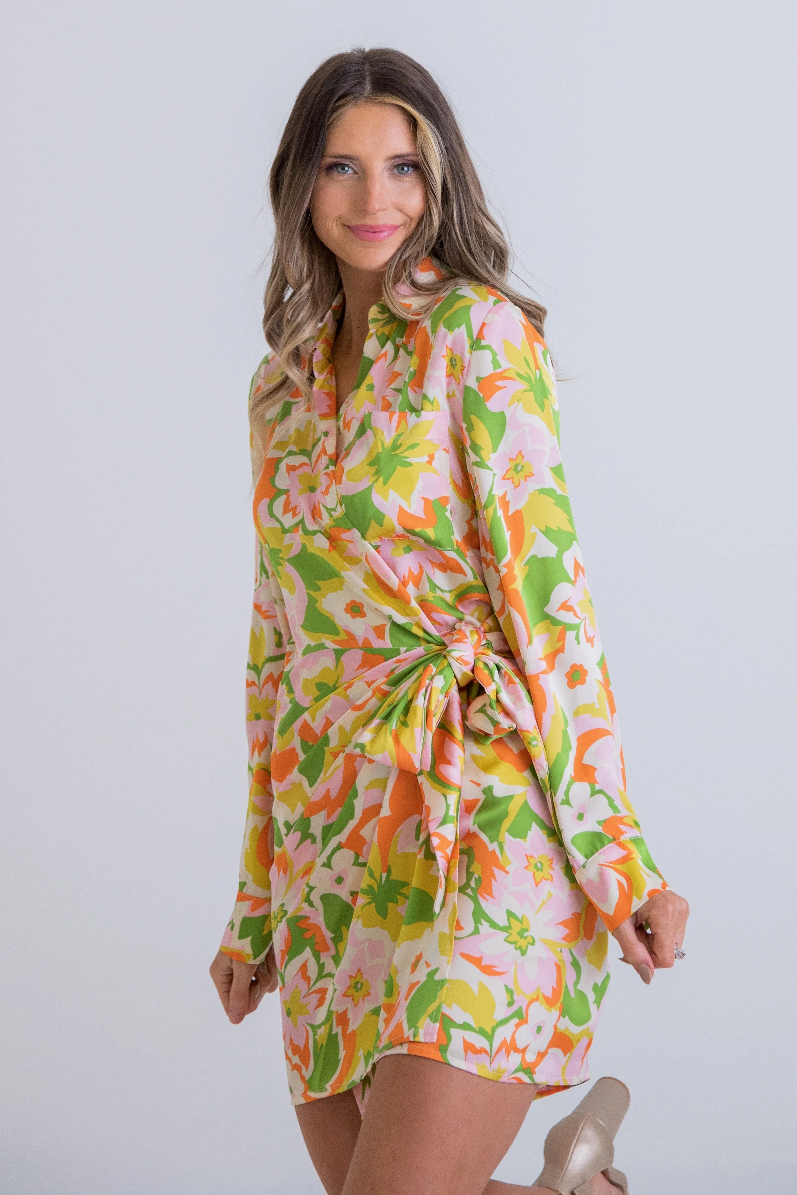 Abstract Satin Wrap Dress