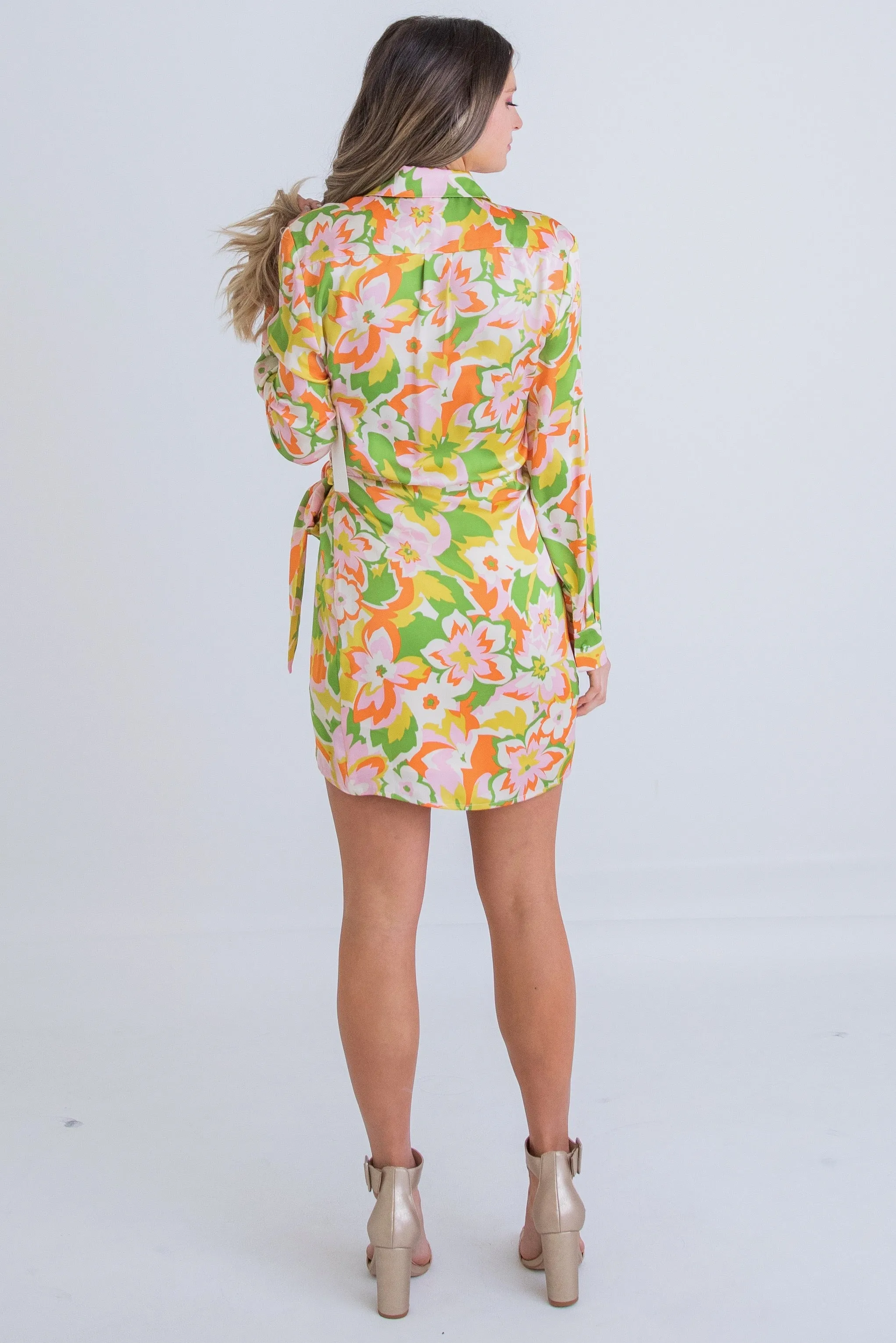 Abstract Satin Wrap Dress