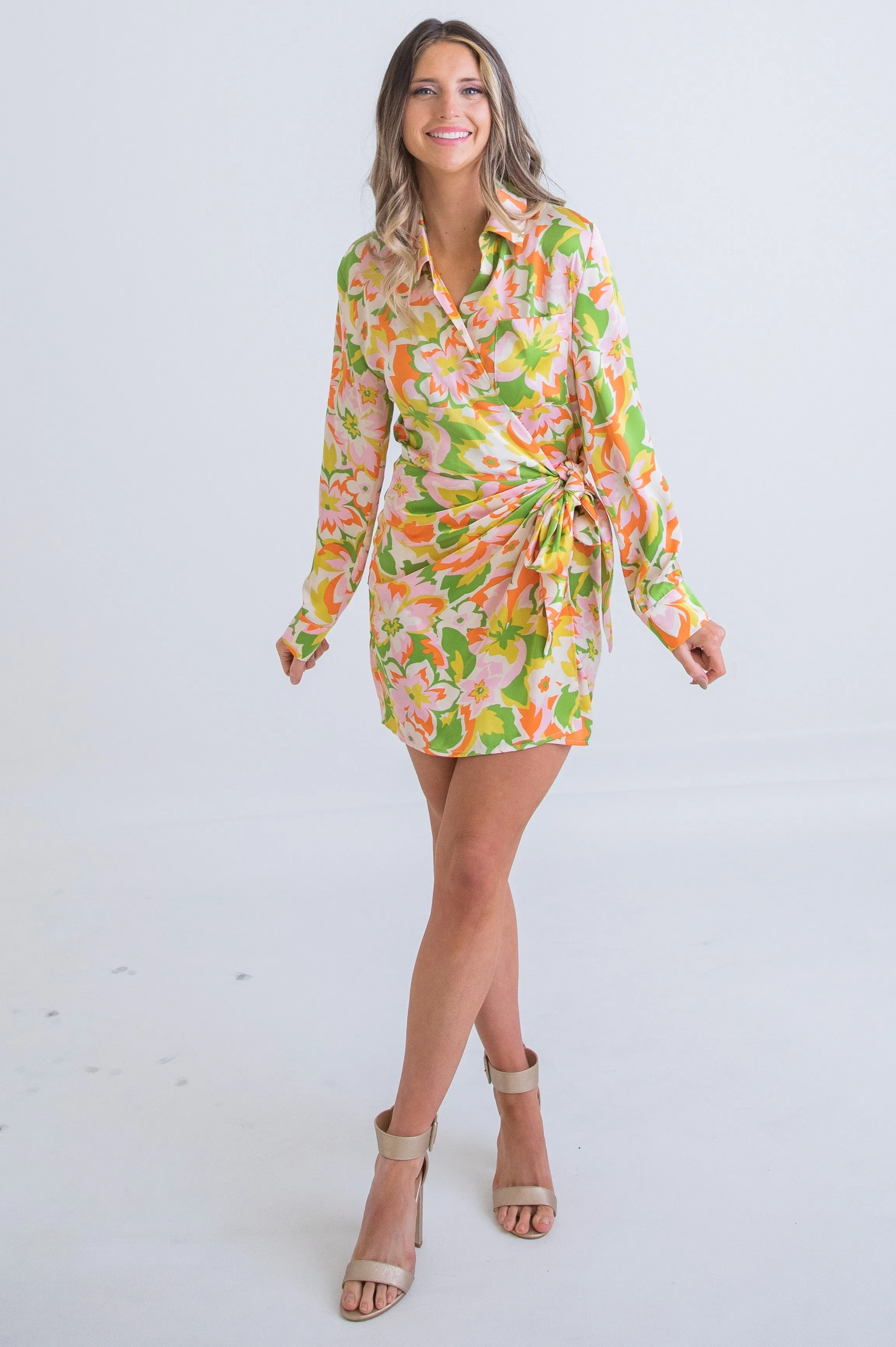 Abstract Satin Wrap Dress