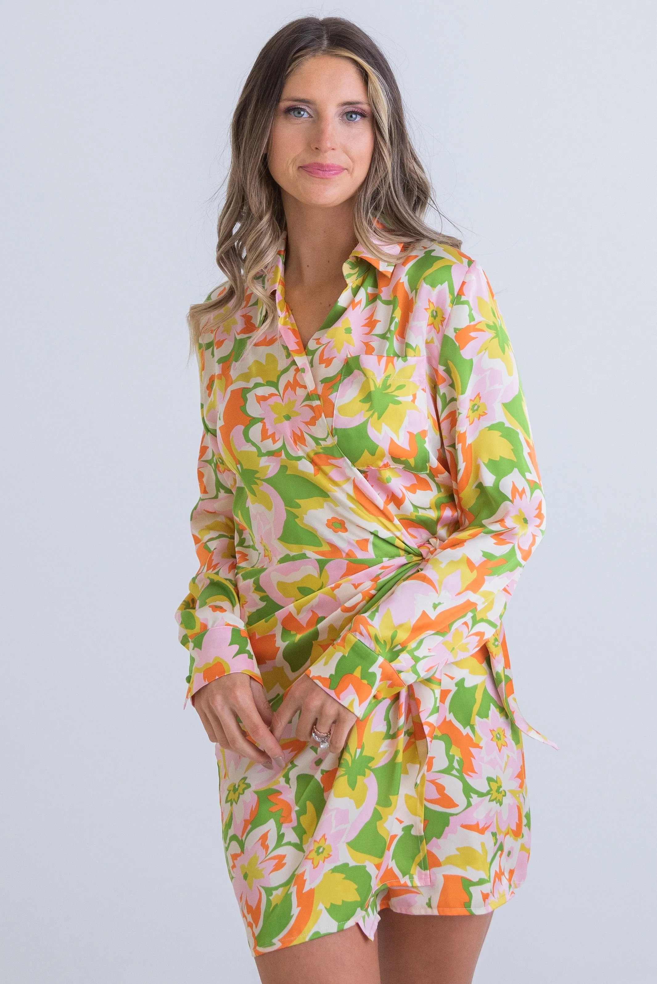 Abstract Satin Wrap Dress