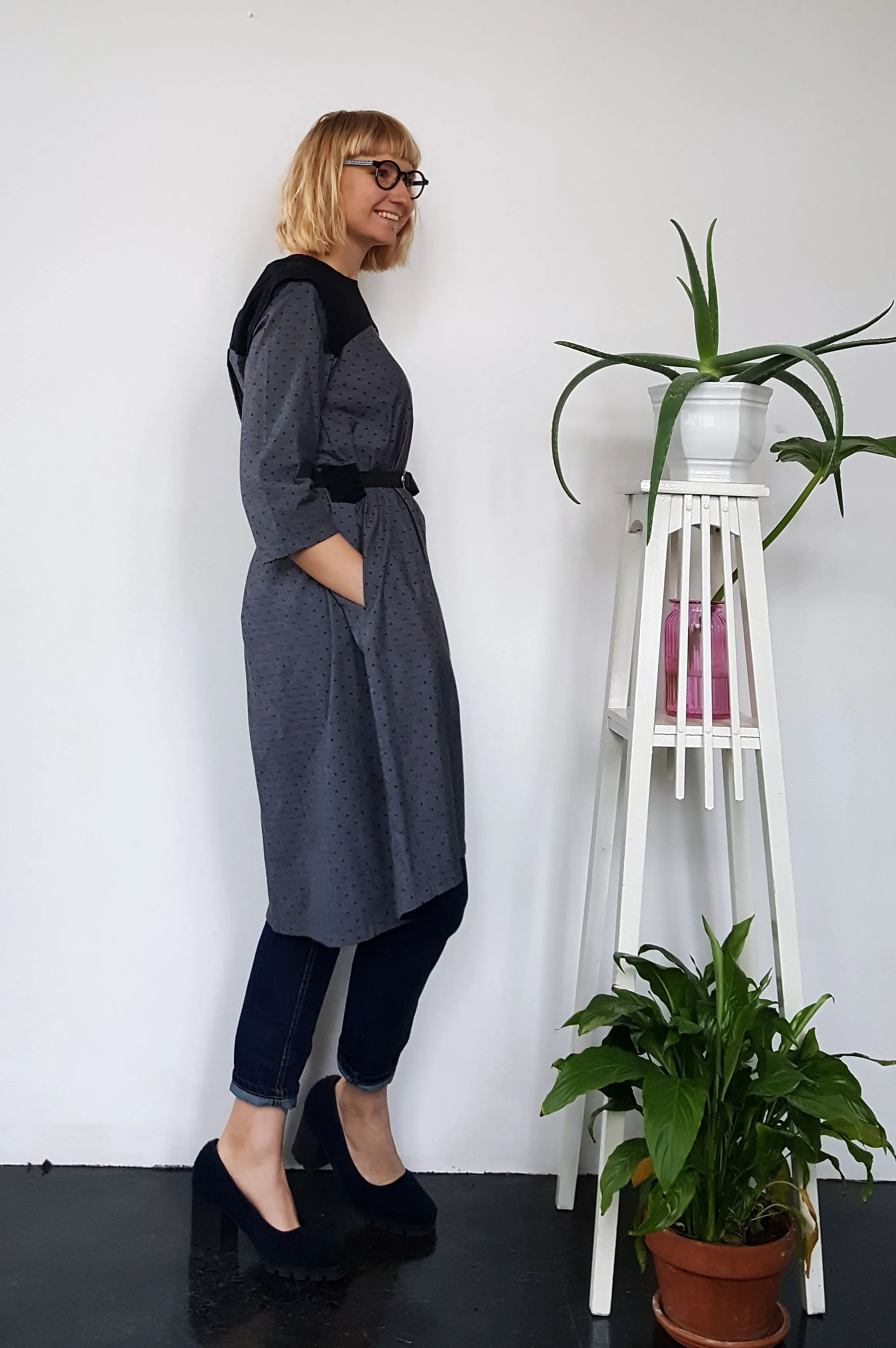 All Season 3/4 Sleeved Grey Polka Dotted Soft Cotton Every Day Dress