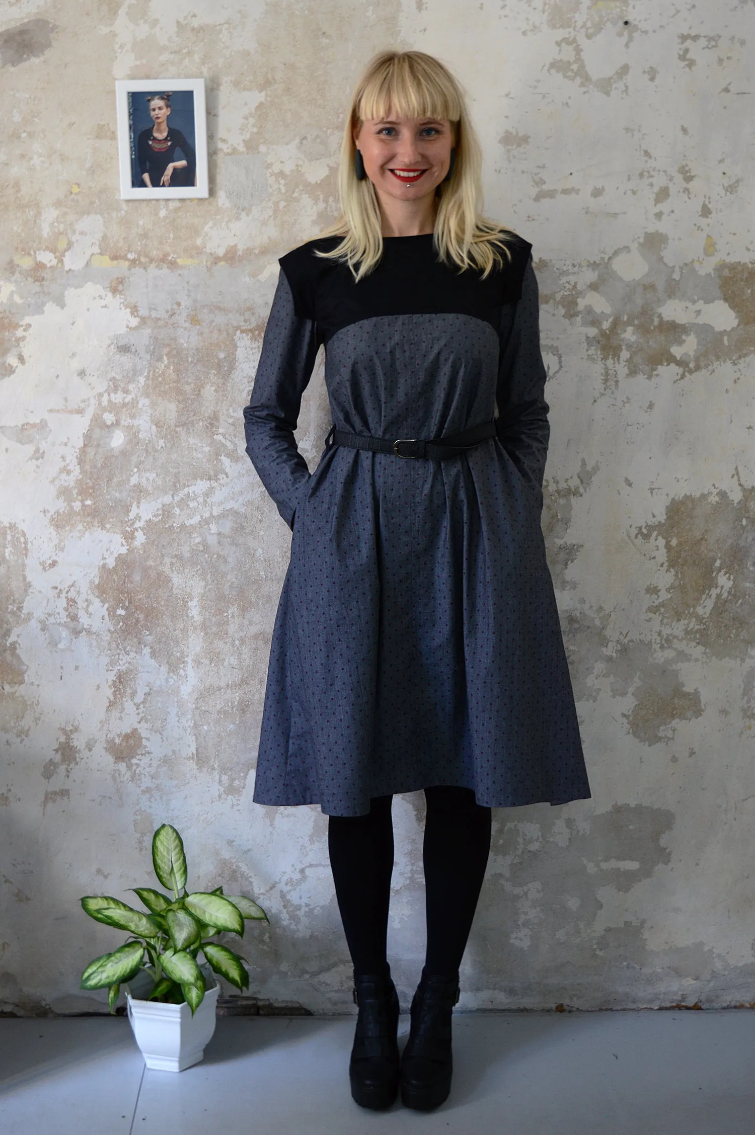 All Season 3/4 Sleeved Grey Polka Dotted Soft Cotton Every Day Dress