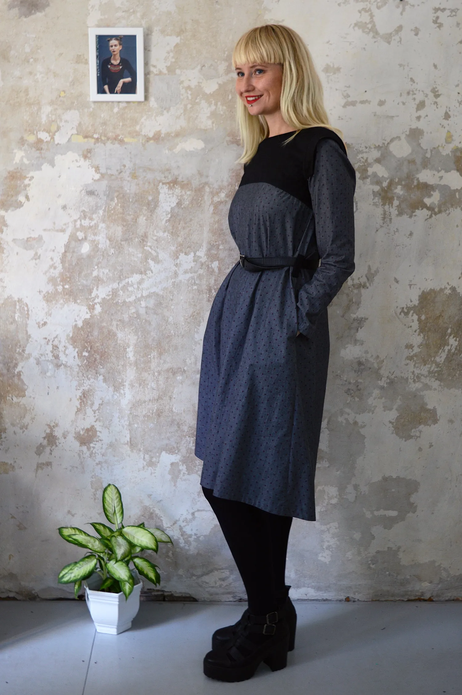 All Season 3/4 Sleeved Grey Polka Dotted Soft Cotton Every Day Dress