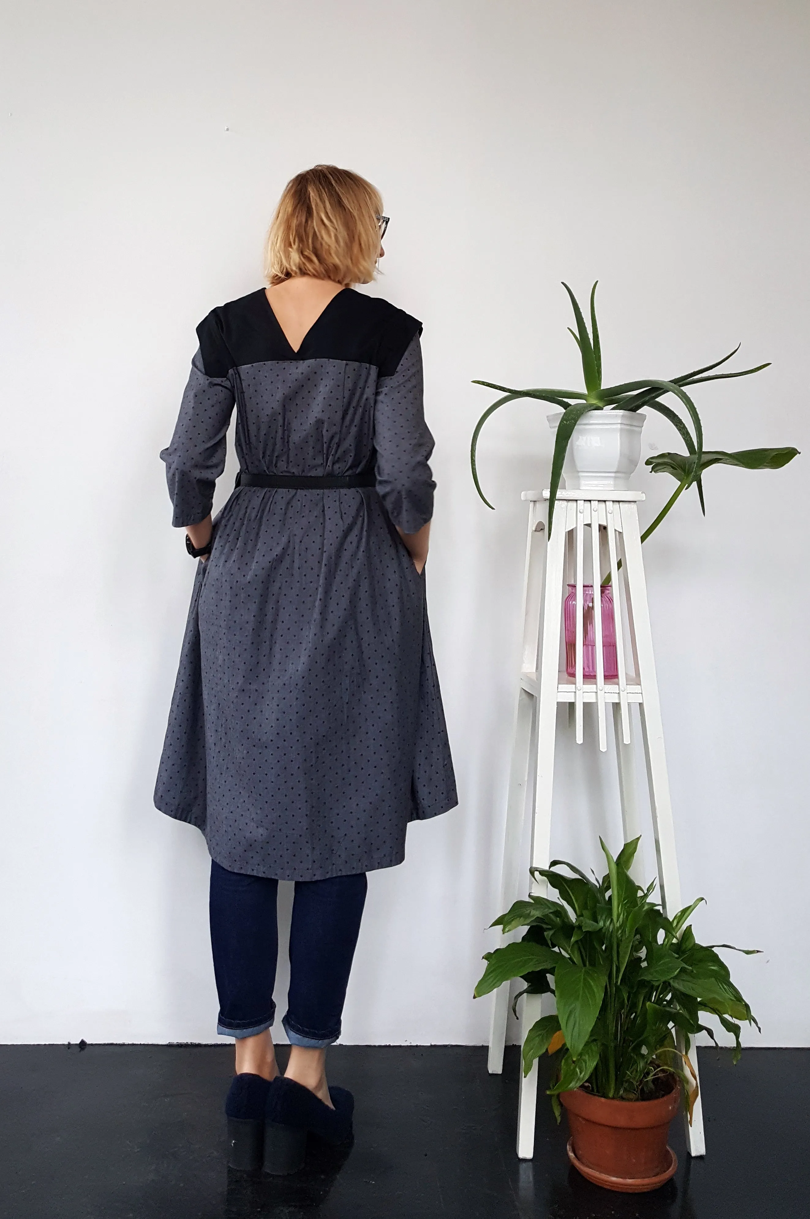 All Season 3/4 Sleeved Grey Polka Dotted Soft Cotton Every Day Dress