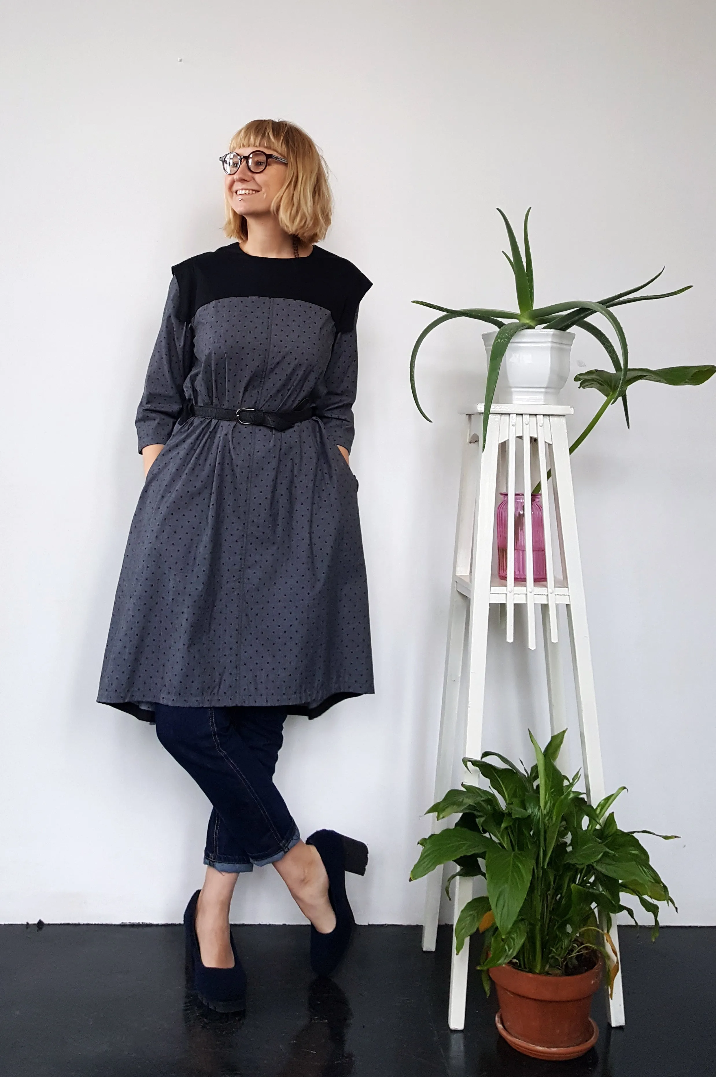All Season 3/4 Sleeved Grey Polka Dotted Soft Cotton Every Day Dress