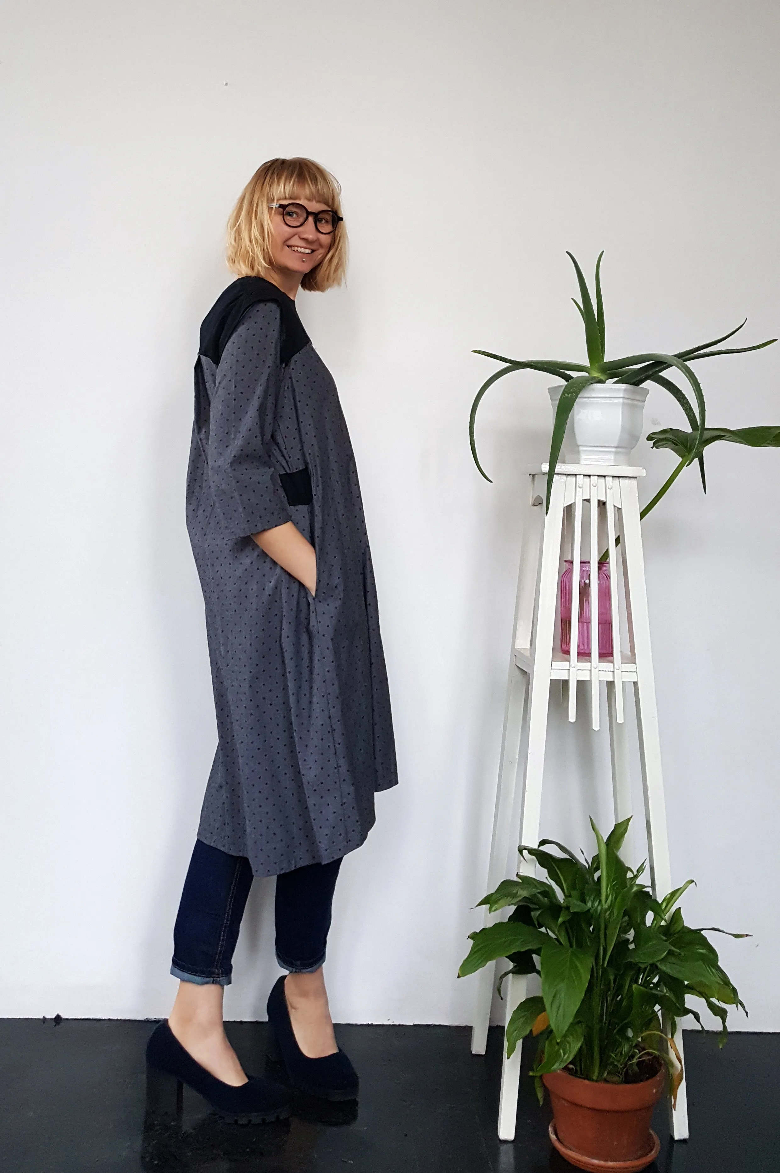 All Season 3/4 Sleeved Grey Polka Dotted Soft Cotton Every Day Dress