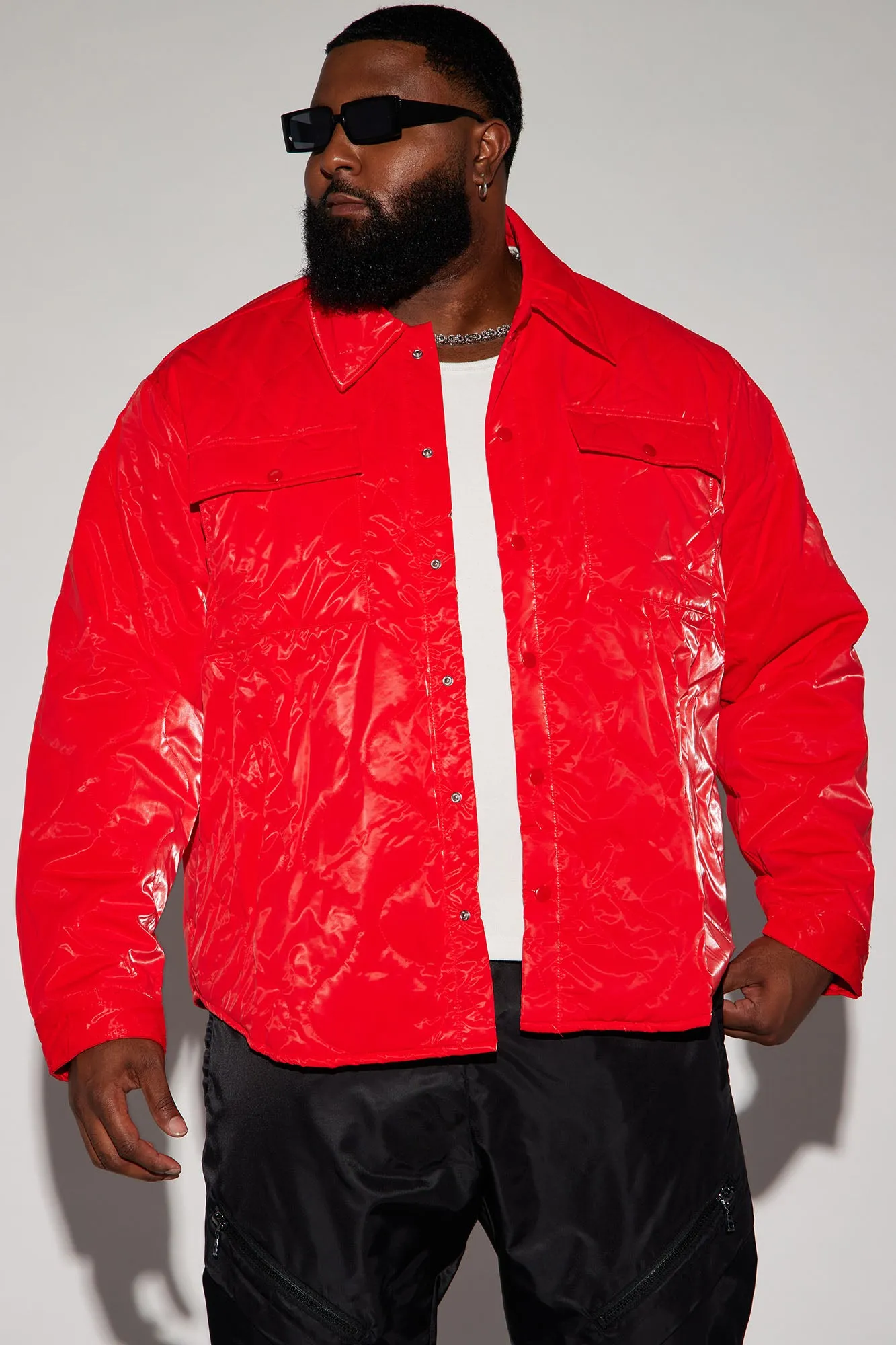 Aspen Quilted Gloss Nylon Shacket - Red