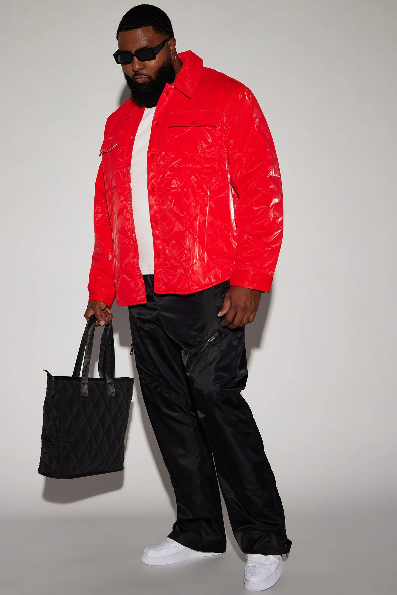 Aspen Quilted Gloss Nylon Shacket - Red