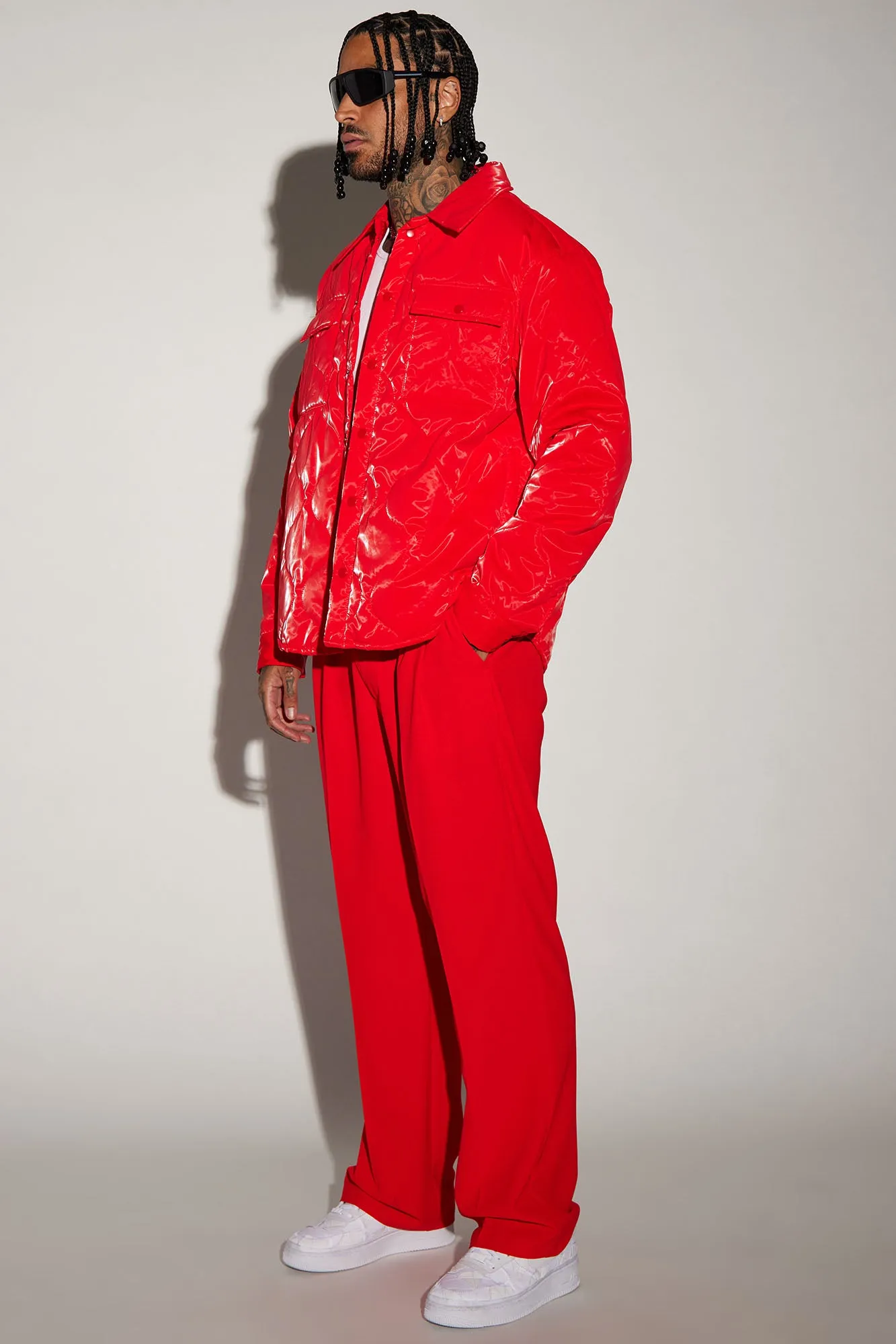 Aspen Quilted Gloss Nylon Shacket - Red