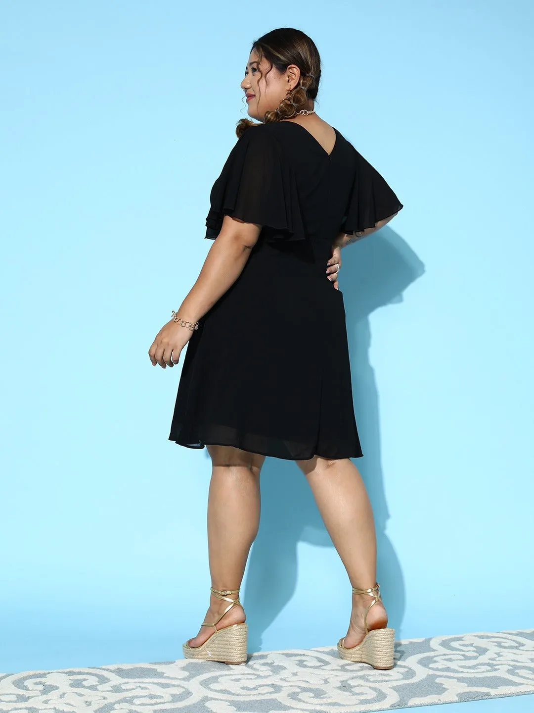 Berrylush Women Plus Size Solid Black V-Neck Flutter Sleeves Georgette Zipper-Up Flared Wrap Mini Dress