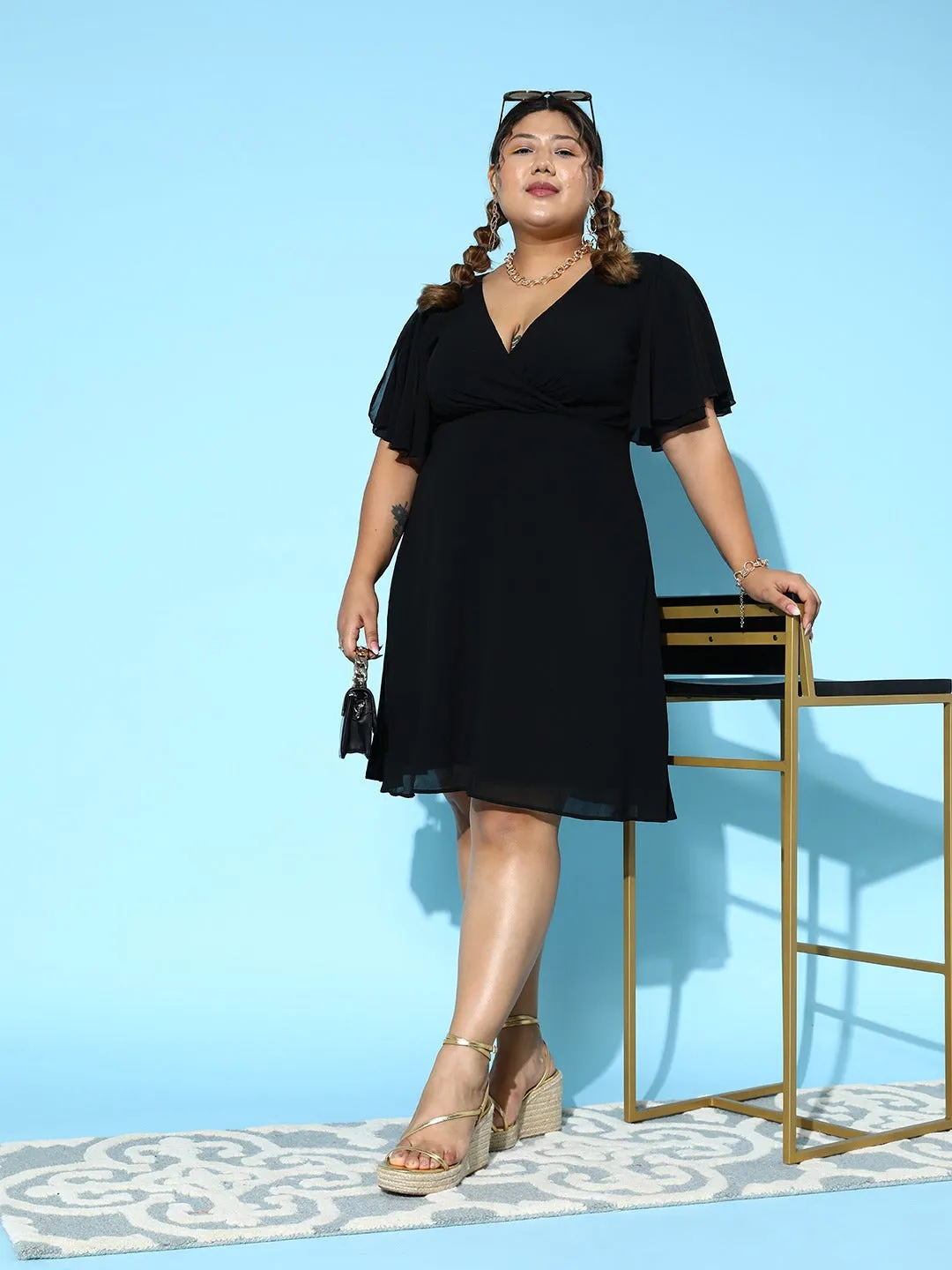 Berrylush Women Plus Size Solid Black V-Neck Flutter Sleeves Georgette Zipper-Up Flared Wrap Mini Dress