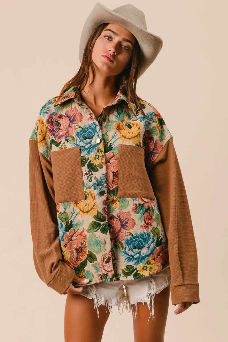 BiBi Knit and Woven Vintage Floral Print Jacket in Camel