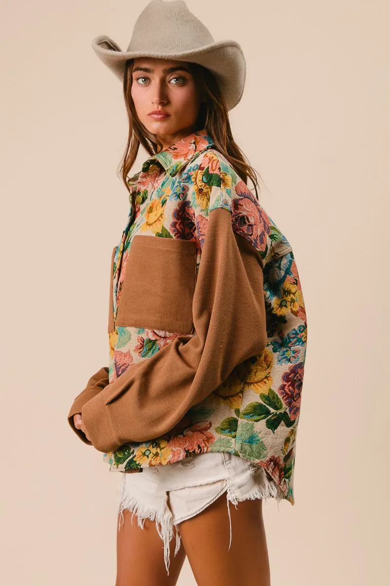BiBi Knit and Woven Vintage Floral Print Jacket in Camel