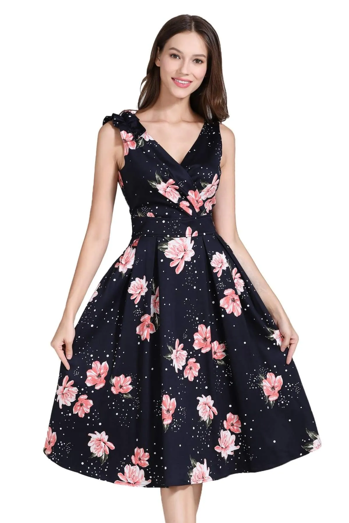 Black Crossover V Neckline with Blooming Pink Peonies A Line Dress with Pockets