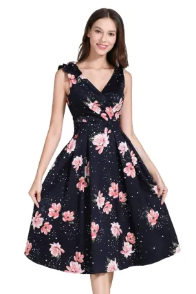 Black Crossover V Neckline with Blooming Pink Peonies A Line Dress with Pockets