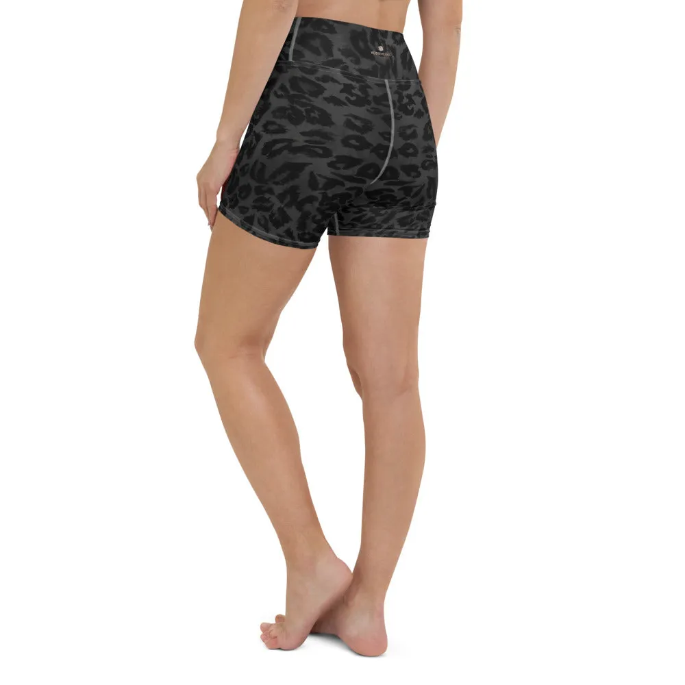 Black Leopard Yoga Shorts, Wild Animal Print Women's Short Workout Tights-Made in USA/EU