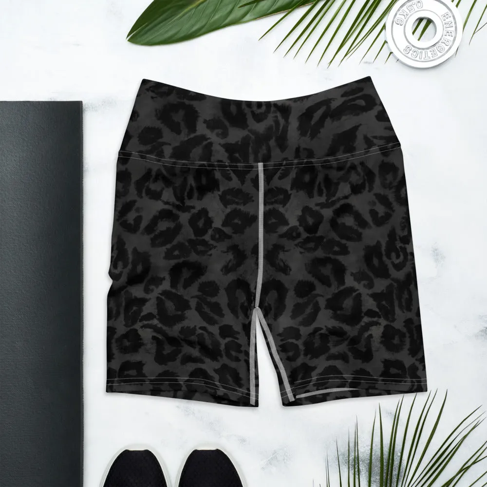 Black Leopard Yoga Shorts, Wild Animal Print Women's Short Workout Tights-Made in USA/EU