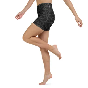 Black Leopard Yoga Shorts, Wild Animal Print Women's Short Workout Tights-Made in USA/EU