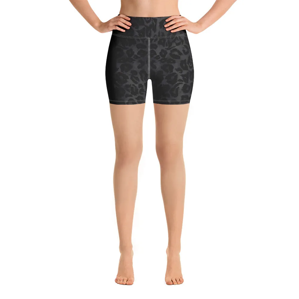 Black Leopard Yoga Shorts, Wild Animal Print Women's Short Workout Tights-Made in USA/EU
