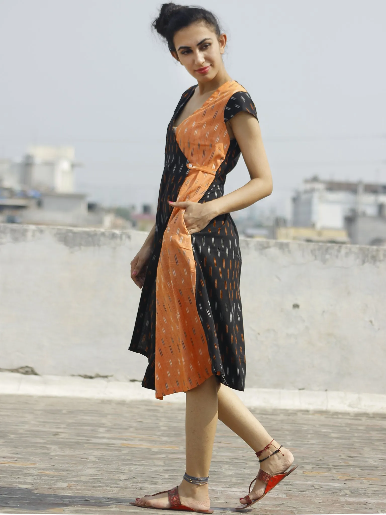 Black Peach Ivory Handwoven Ikat Wrap Dress With Side Pockets  - D120F746