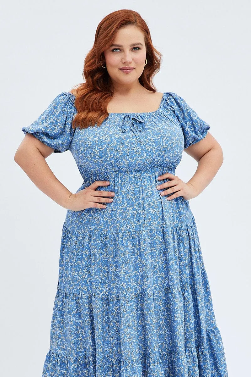 Blue Ditsy Midi Dress Off Shoulder Tie Front Layered Skirt