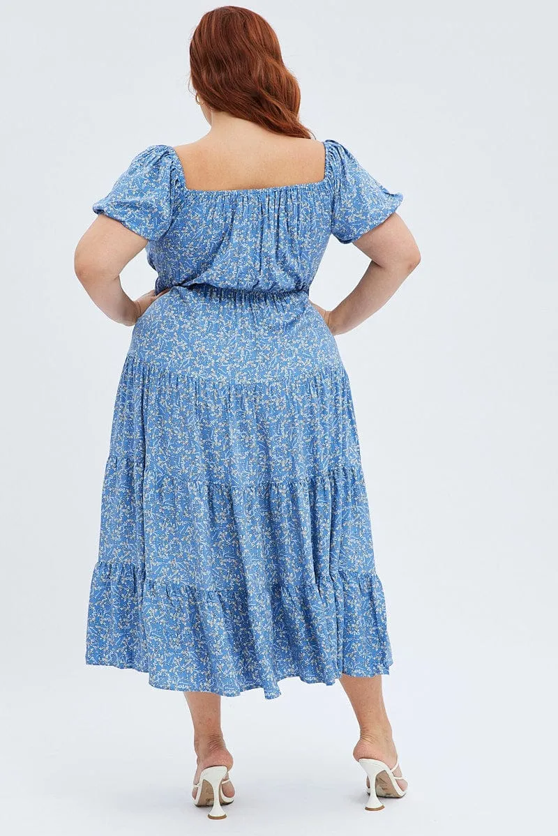 Blue Ditsy Midi Dress Off Shoulder Tie Front Layered Skirt