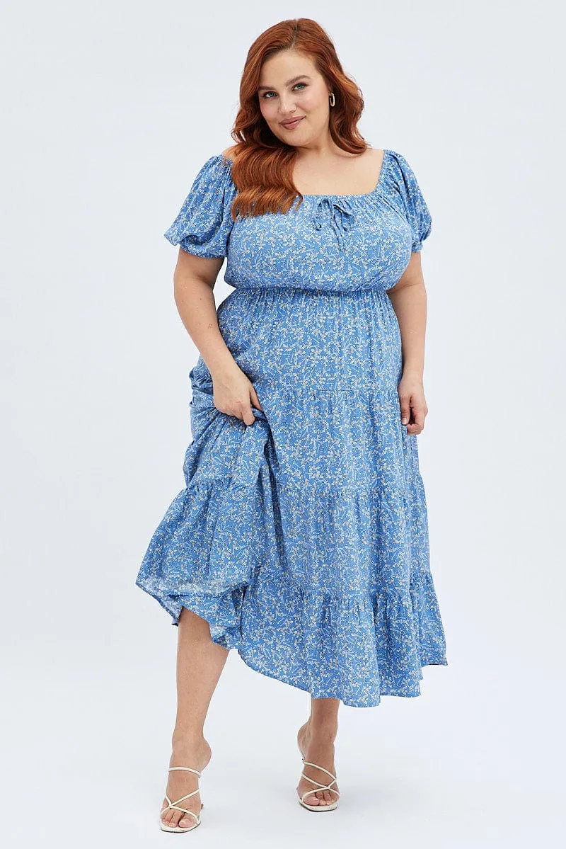 Blue Ditsy Midi Dress Off Shoulder Tie Front Layered Skirt
