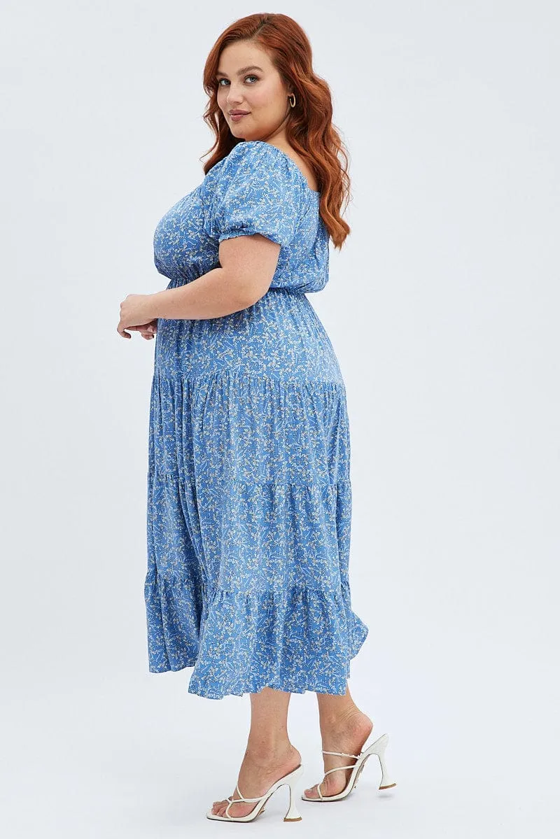 Blue Ditsy Midi Dress Off Shoulder Tie Front Layered Skirt
