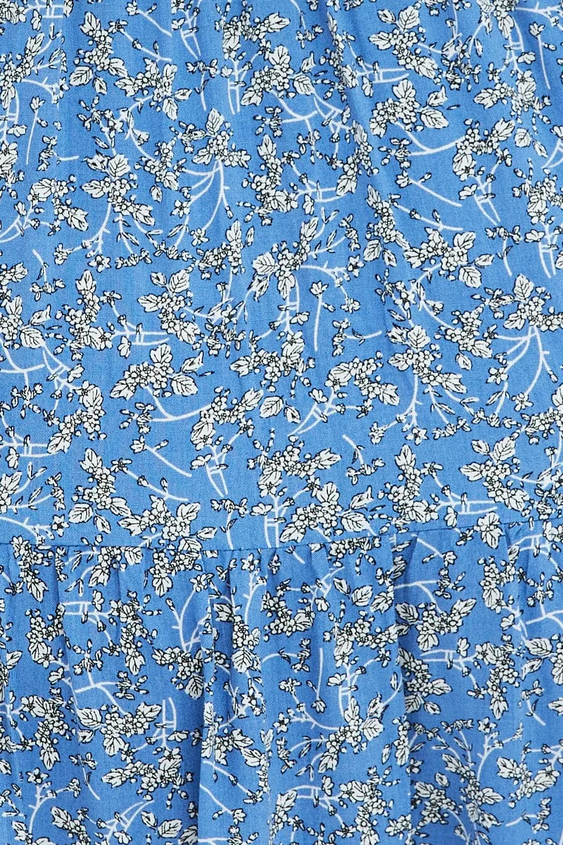 Blue Ditsy Midi Dress Off Shoulder Tie Front Layered Skirt