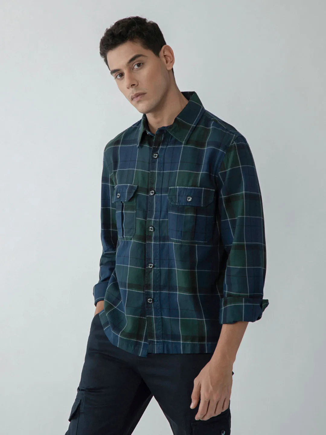 Blue Double Pocket Checks Shacket