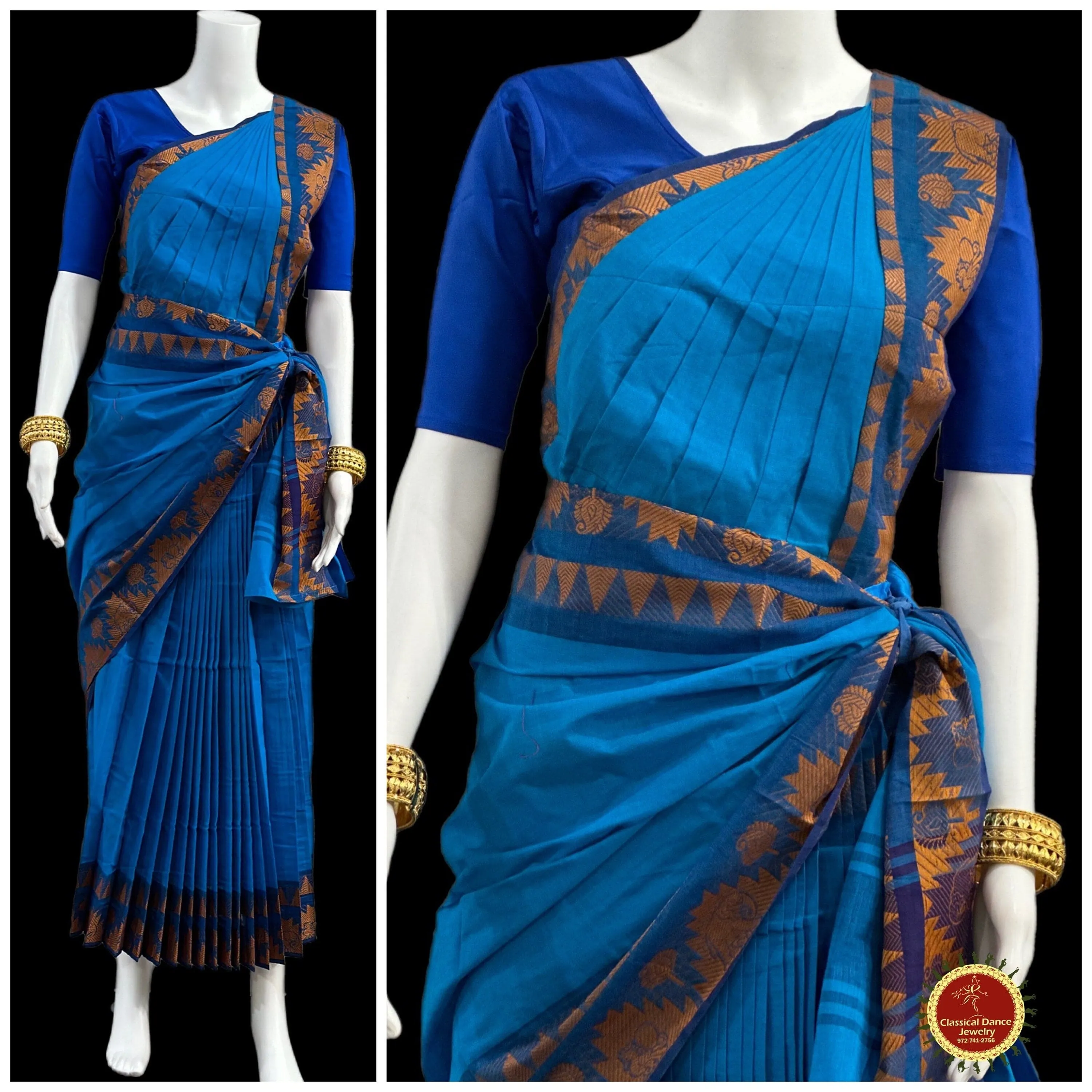 BLUE Pre-stitched Practice Sari BLUE Blouse | Halfsaree Kalakshethra Saree  Bharatnatyam Kuchipudi | Classical Dance Jewelry