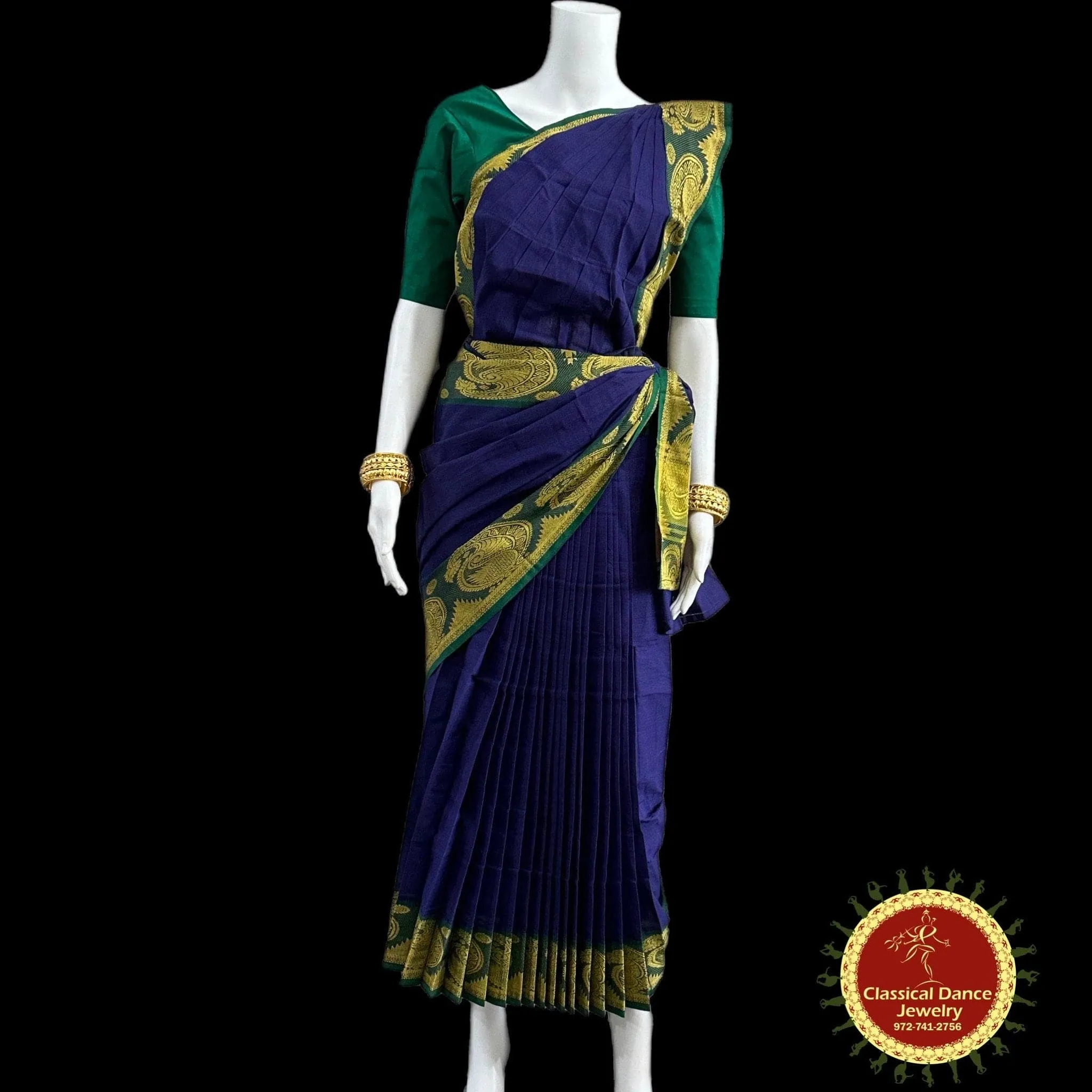 BLUE Pre-stitched Practice Sari GREEN Blouse | Halfsaree Kalakshethra Saree | Bharatnatyam Kuchipudi | Classical Dance Jewelry