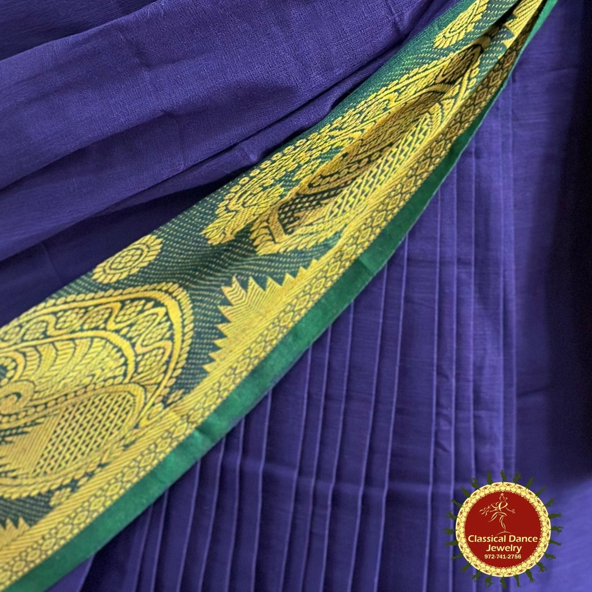 BLUE Pre-stitched Practice Sari GREEN Blouse | Halfsaree Kalakshethra Saree | Bharatnatyam Kuchipudi | Classical Dance Jewelry