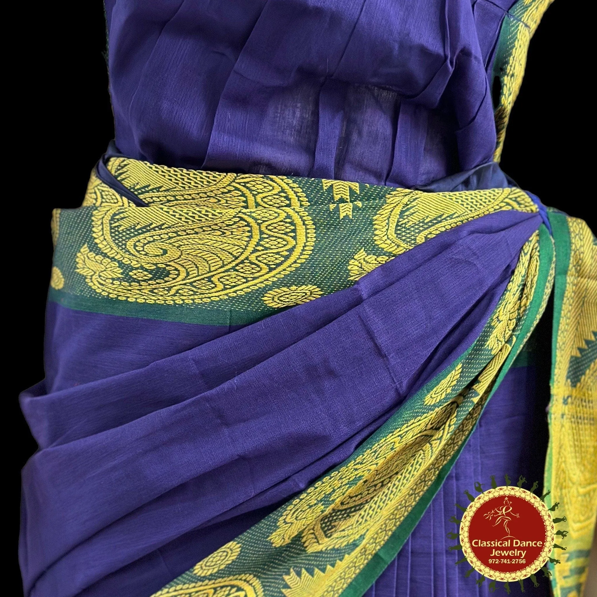 BLUE Pre-stitched Practice Sari GREEN Blouse | Halfsaree Kalakshethra Saree | Bharatnatyam Kuchipudi | Classical Dance Jewelry