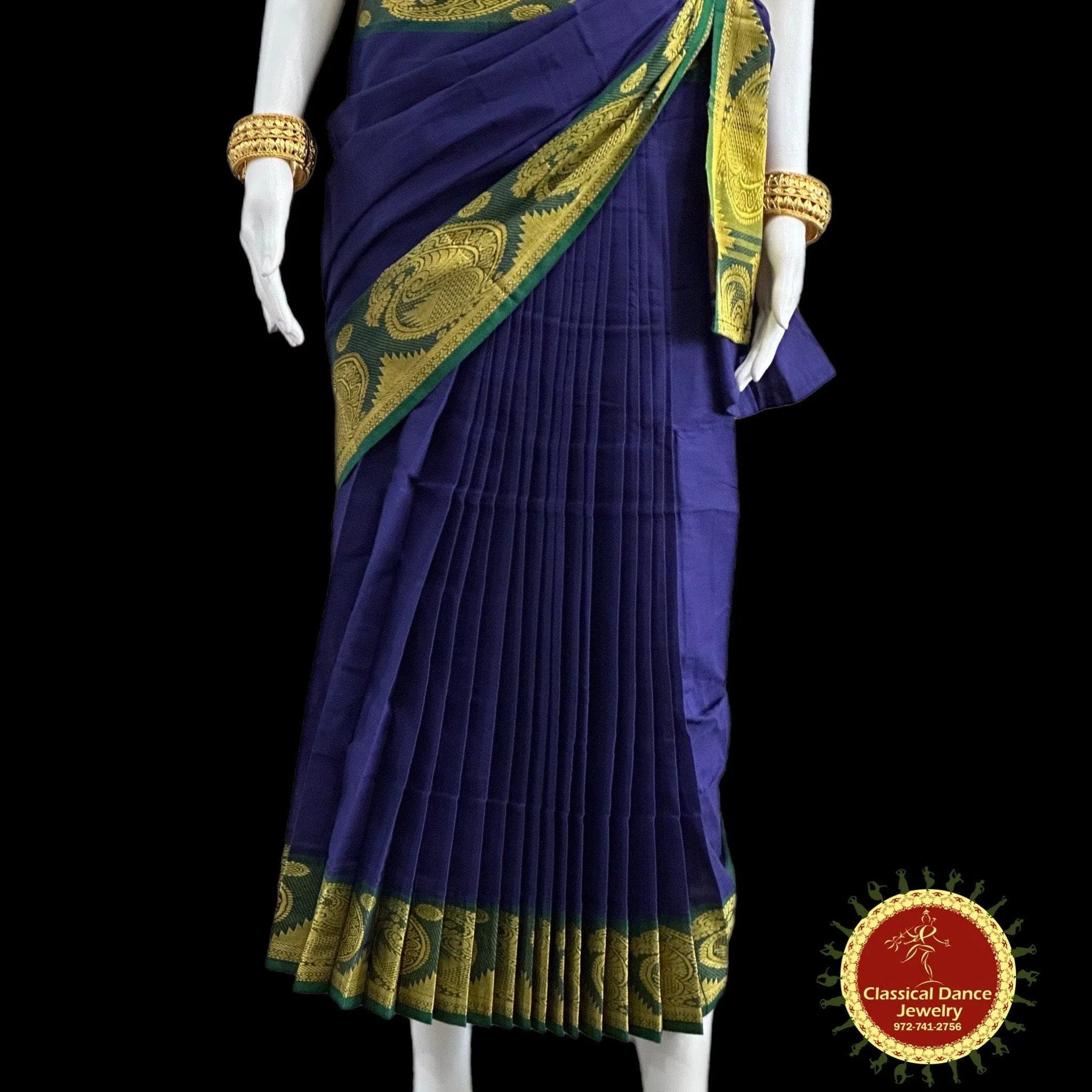 BLUE Pre-stitched Practice Sari GREEN Blouse | Halfsaree Kalakshethra Saree | Bharatnatyam Kuchipudi | Classical Dance Jewelry