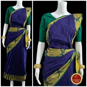 BLUE Pre-stitched Practice Sari GREEN Blouse | Halfsaree Kalakshethra Saree | Bharatnatyam Kuchipudi | Classical Dance Jewelry