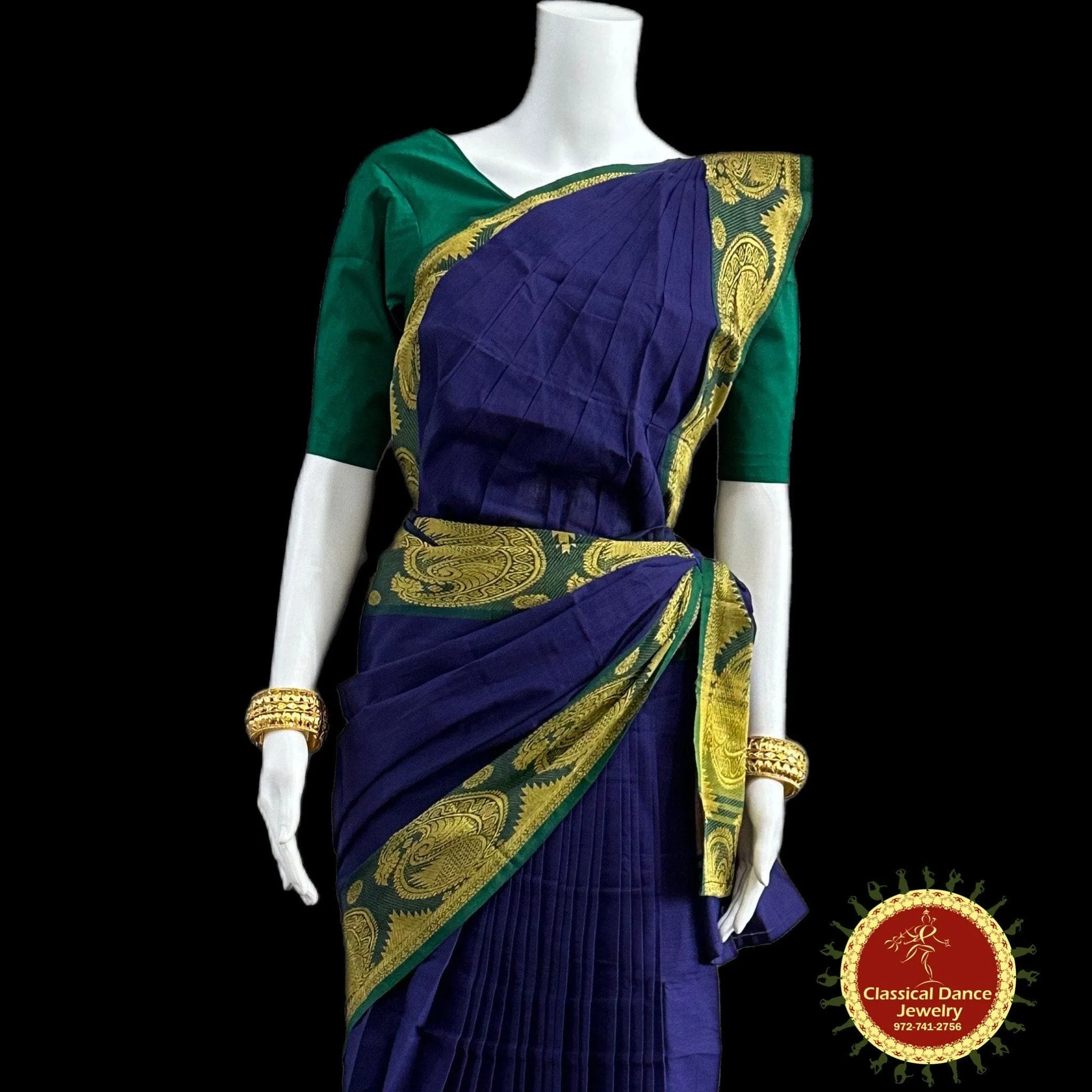 BLUE Pre-stitched Practice Sari GREEN Blouse | Halfsaree Kalakshethra Saree | Bharatnatyam Kuchipudi | Classical Dance Jewelry