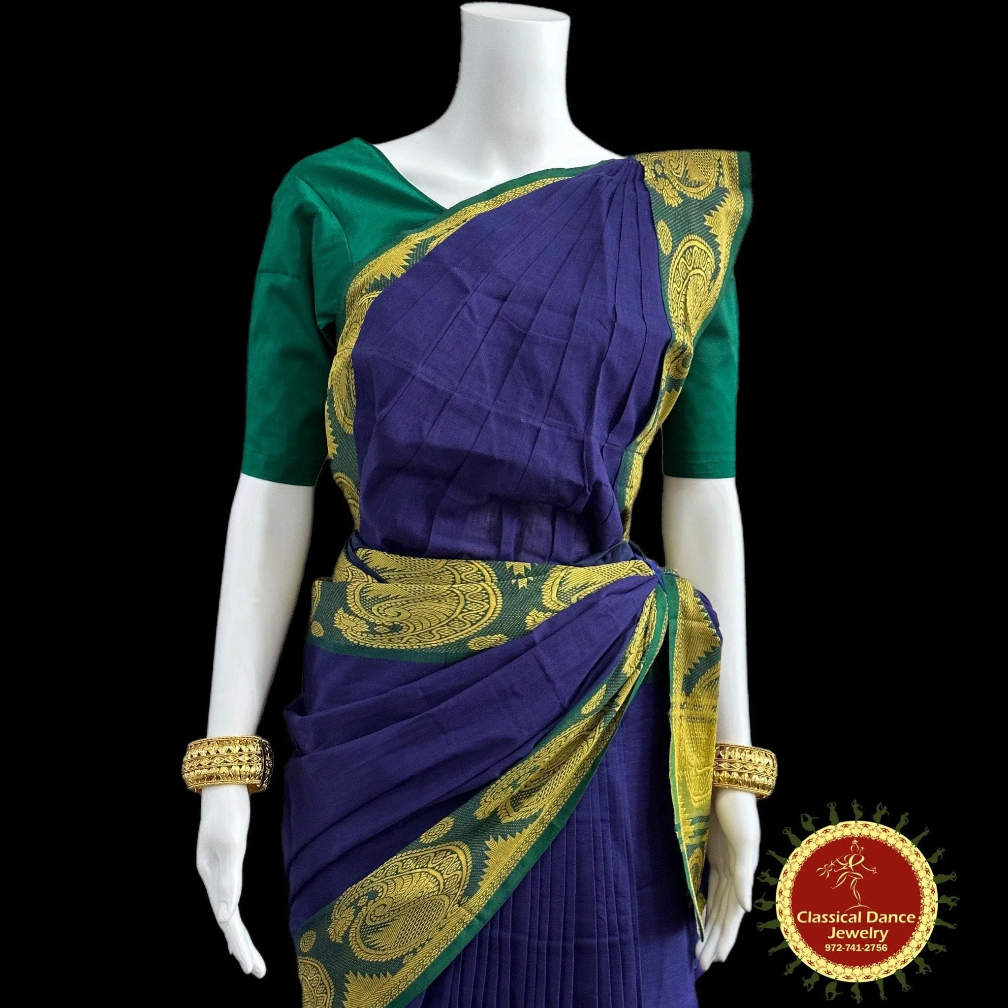 BLUE Pre-stitched Practice Sari GREEN Blouse | Halfsaree Kalakshethra Saree | Bharatnatyam Kuchipudi | Classical Dance Jewelry