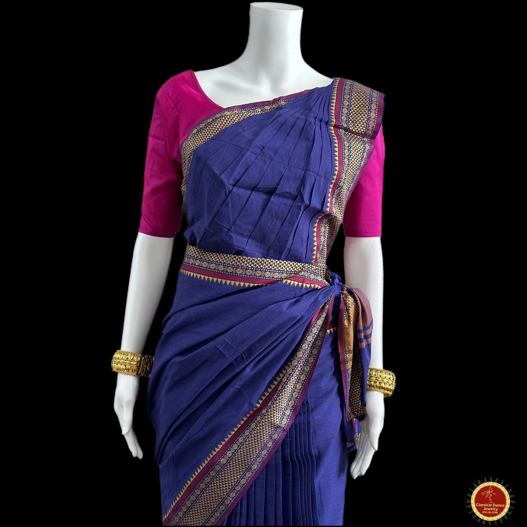 BLUE Pre-stitched Practice Sari PINK Blouse | Halfsaree Kalakshethra Saree | Bharatnatyam Kuchipudi | Classical Dance Jewelry