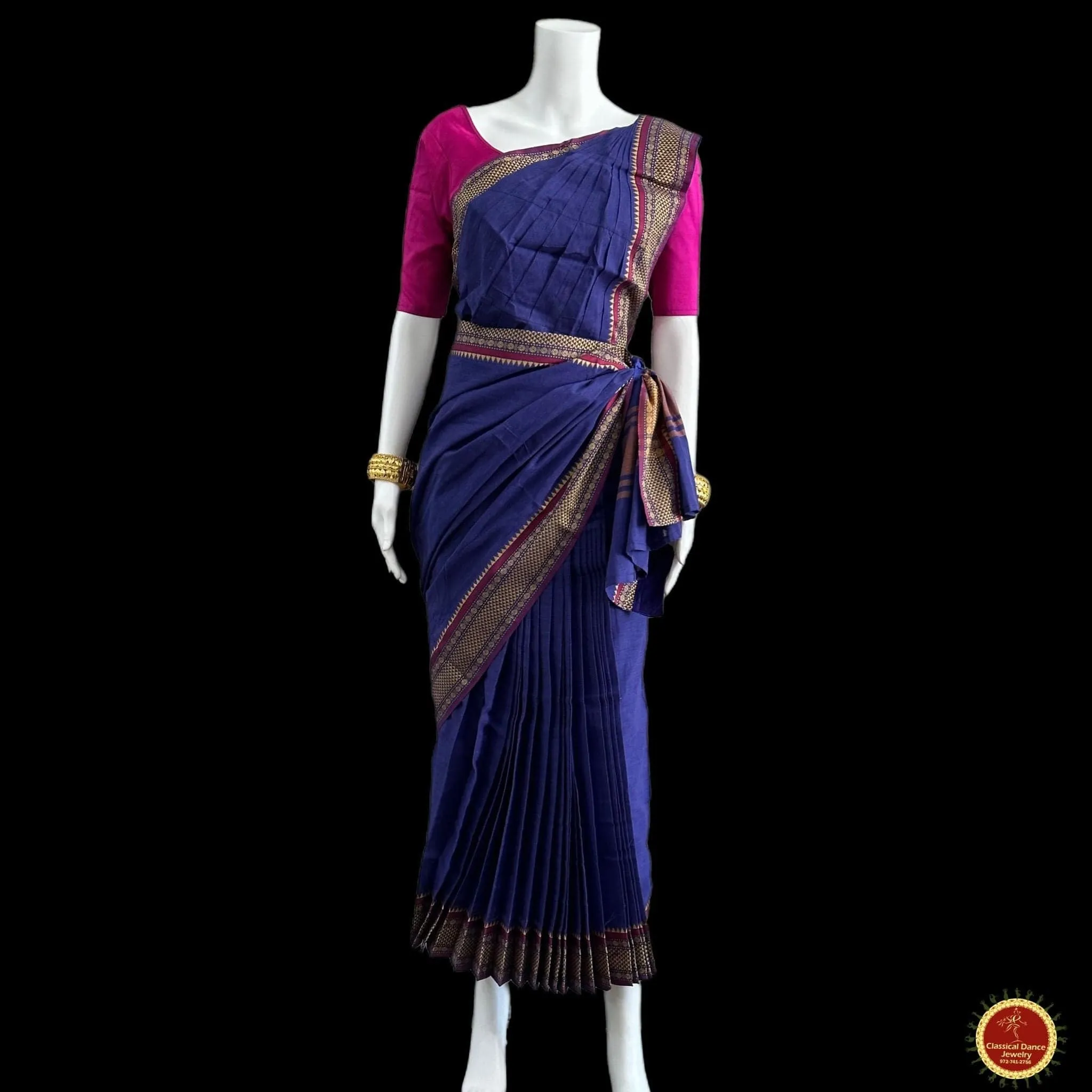 BLUE Pre-stitched Practice Sari PINK Blouse | Halfsaree Kalakshethra Saree | Bharatnatyam Kuchipudi | Classical Dance Jewelry