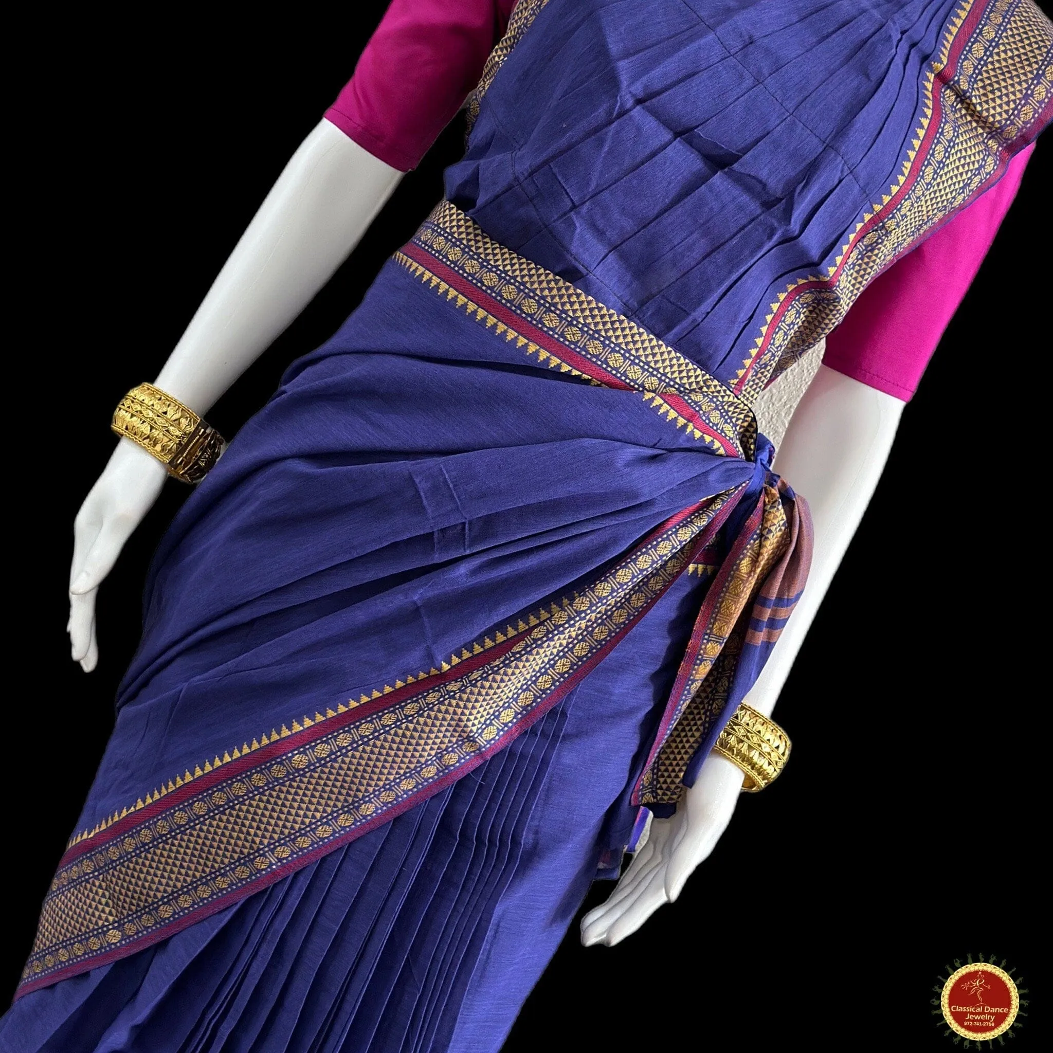 BLUE Pre-stitched Practice Sari PINK Blouse | Halfsaree Kalakshethra Saree | Bharatnatyam Kuchipudi | Classical Dance Jewelry