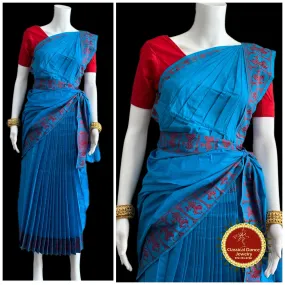 BLUE Pre-stitched Practice Sari RED Blouse | Halfsaree Kalakshethra Saree  Bharatnatyam Kuchipudi | Classical Dance Jewelry