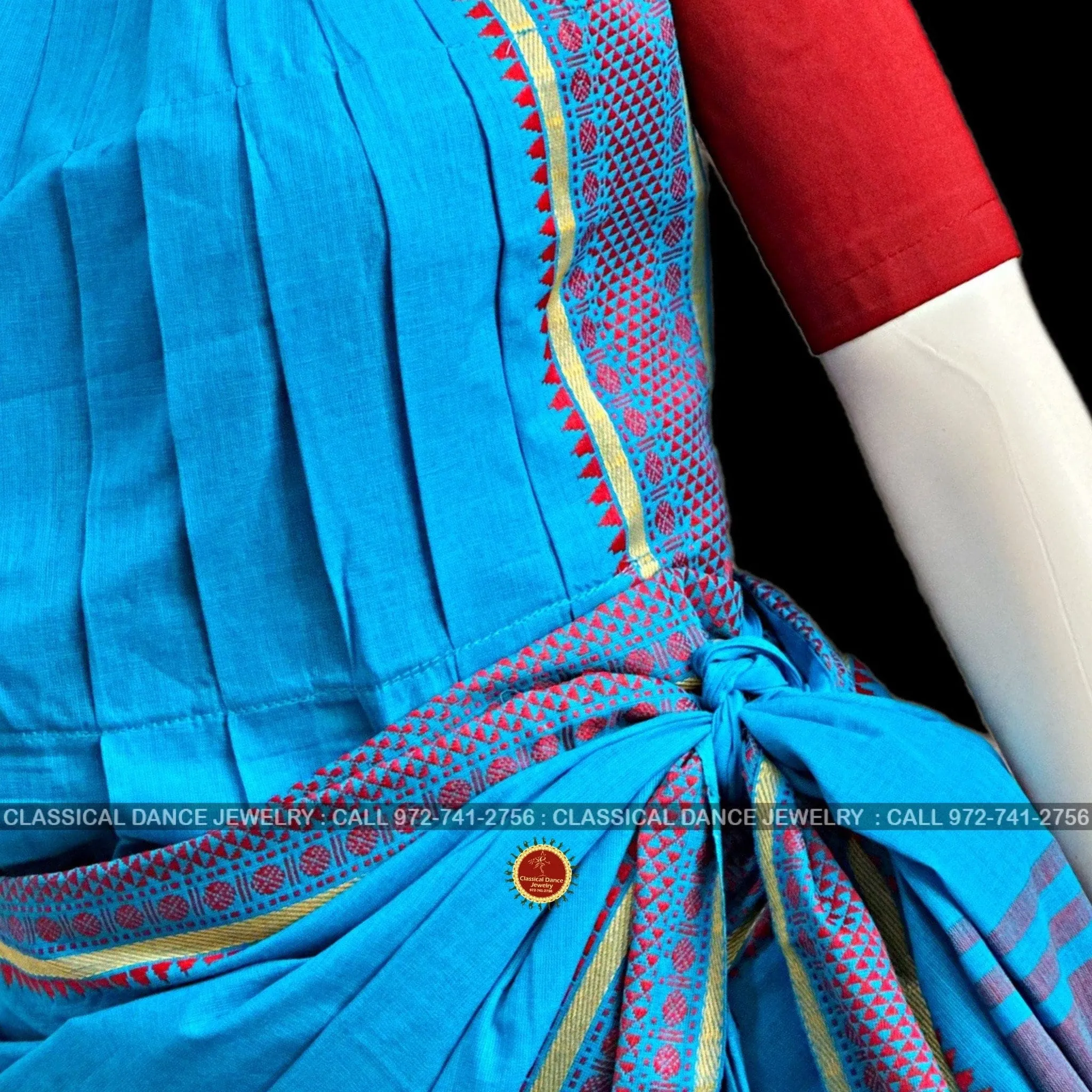 BLUE Pre-stitched Practice Sari RED Blouse | Halfsaree Kalakshethra Saree | Bharatnatyam Kuchipudi | Classical Dance Jewelry