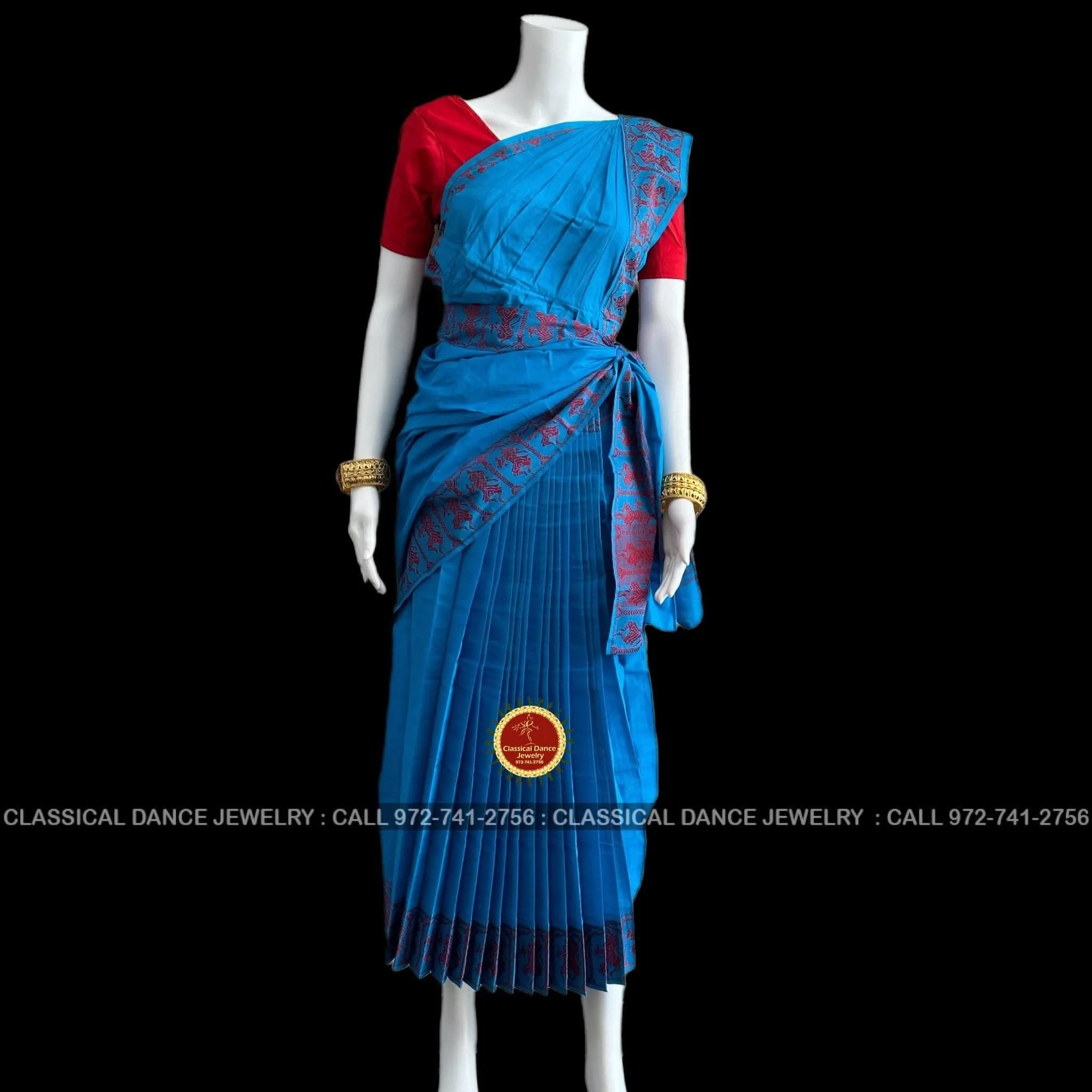BLUE Pre-stitched Practice Sari RED Blouse | Halfsaree Kalakshethra Saree  Bharatnatyam Kuchipudi | Classical Dance Jewelry