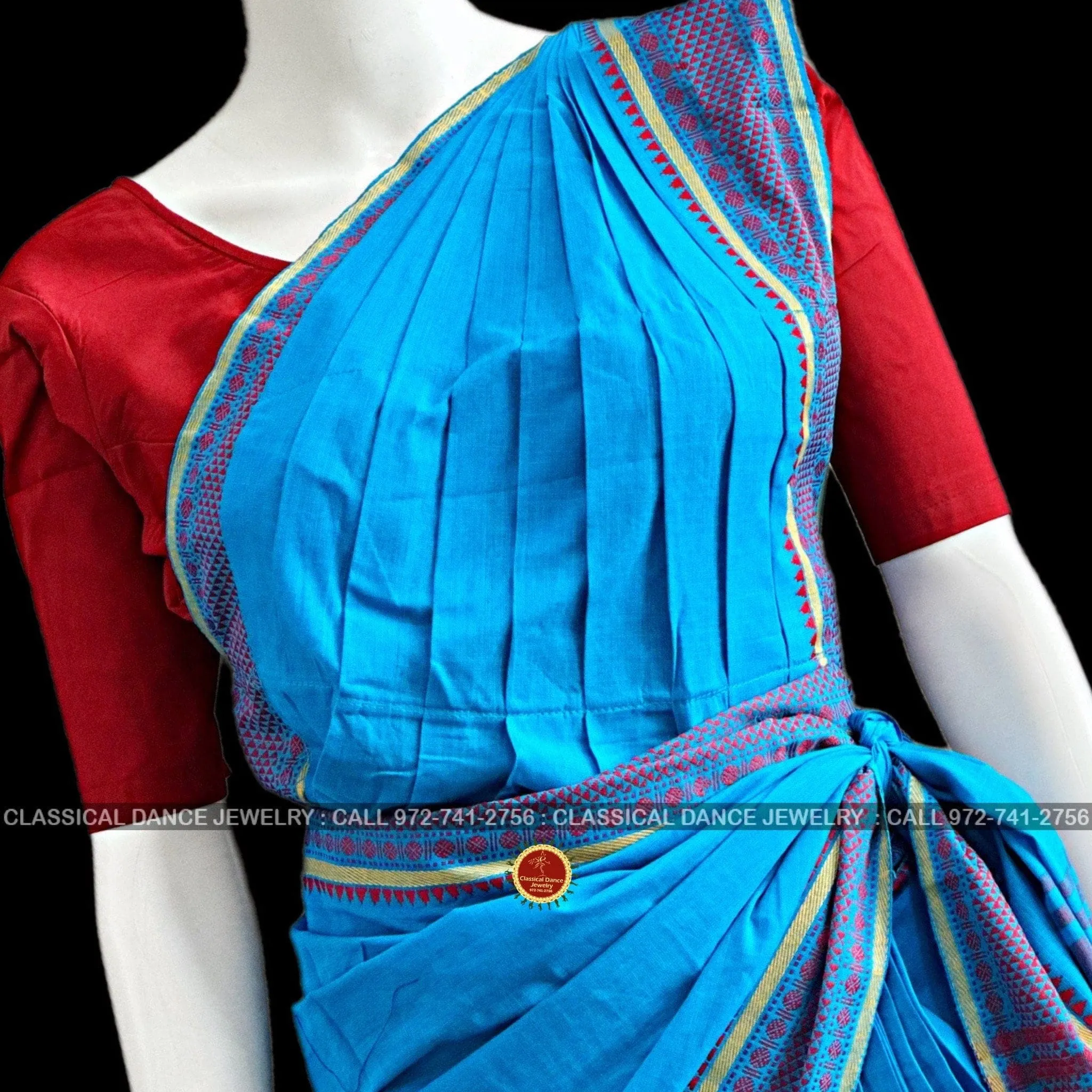 BLUE Pre-stitched Practice Sari RED Blouse | Halfsaree Kalakshethra Saree | Bharatnatyam Kuchipudi | Classical Dance Jewelry