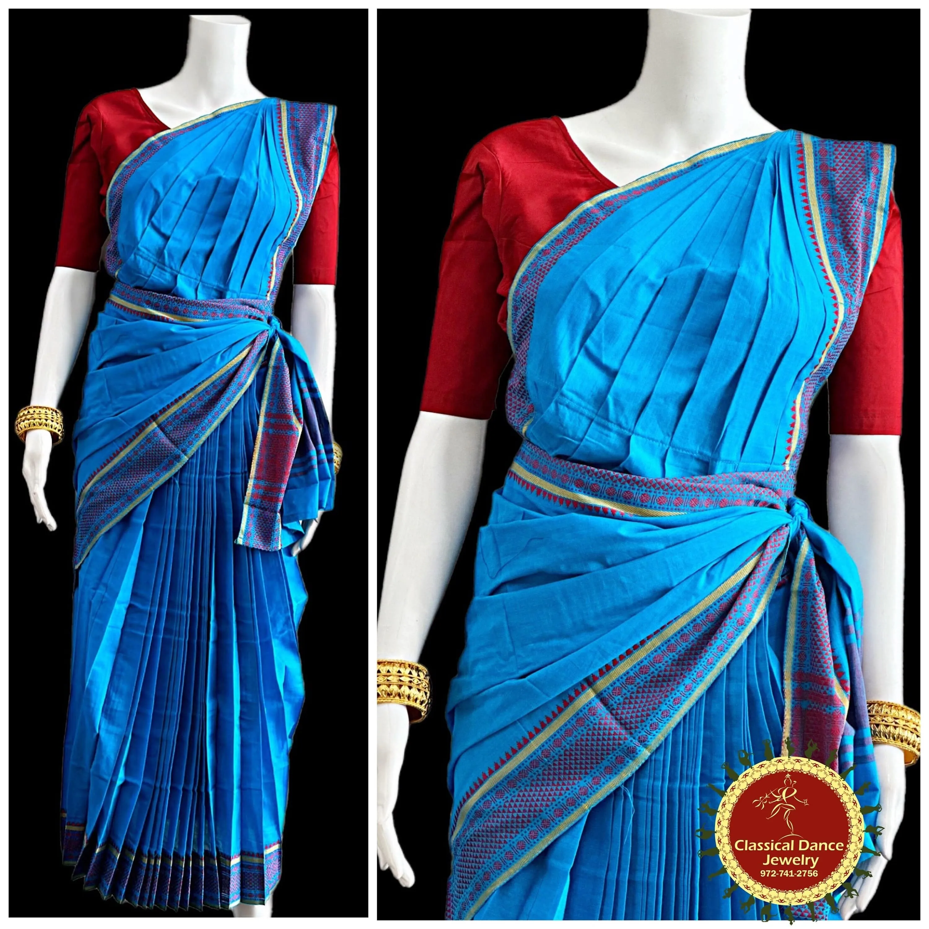 BLUE Pre-stitched Practice Sari RED Blouse | Halfsaree Kalakshethra Saree | Bharatnatyam Kuchipudi | Classical Dance Jewelry