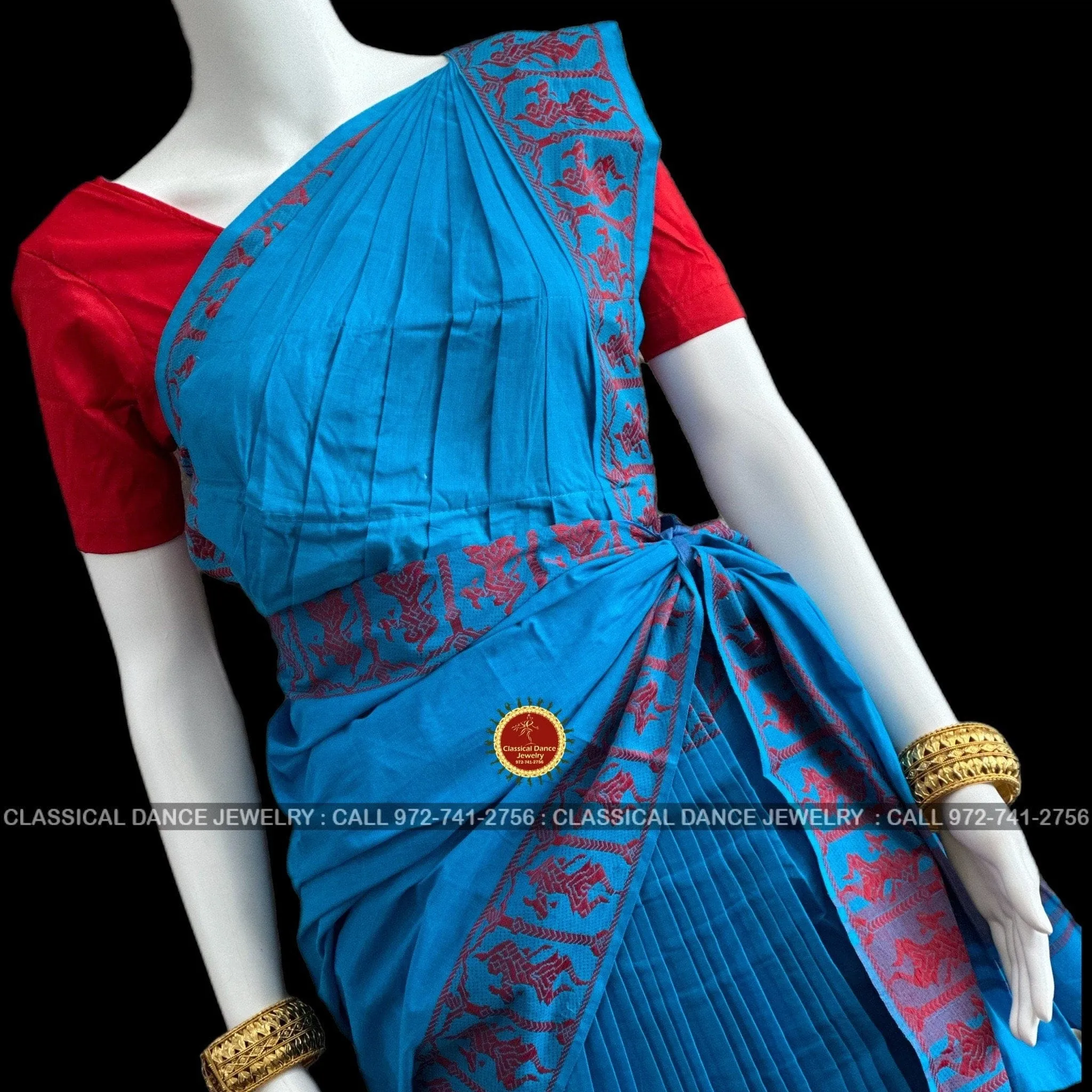 BLUE Pre-stitched Practice Sari RED Blouse | Halfsaree Kalakshethra Saree  Bharatnatyam Kuchipudi | Classical Dance Jewelry