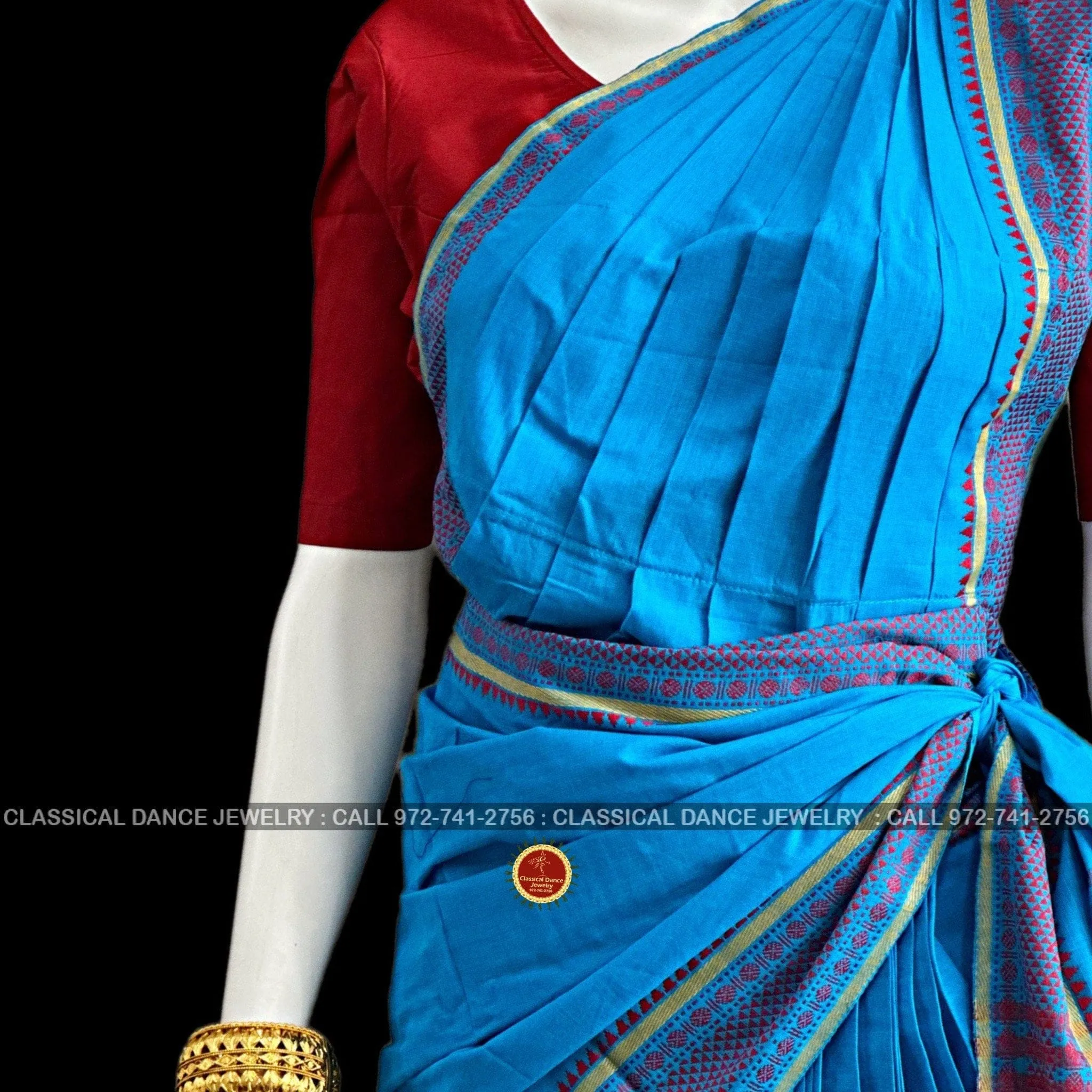 BLUE Pre-stitched Practice Sari RED Blouse | Halfsaree Kalakshethra Saree | Bharatnatyam Kuchipudi | Classical Dance Jewelry