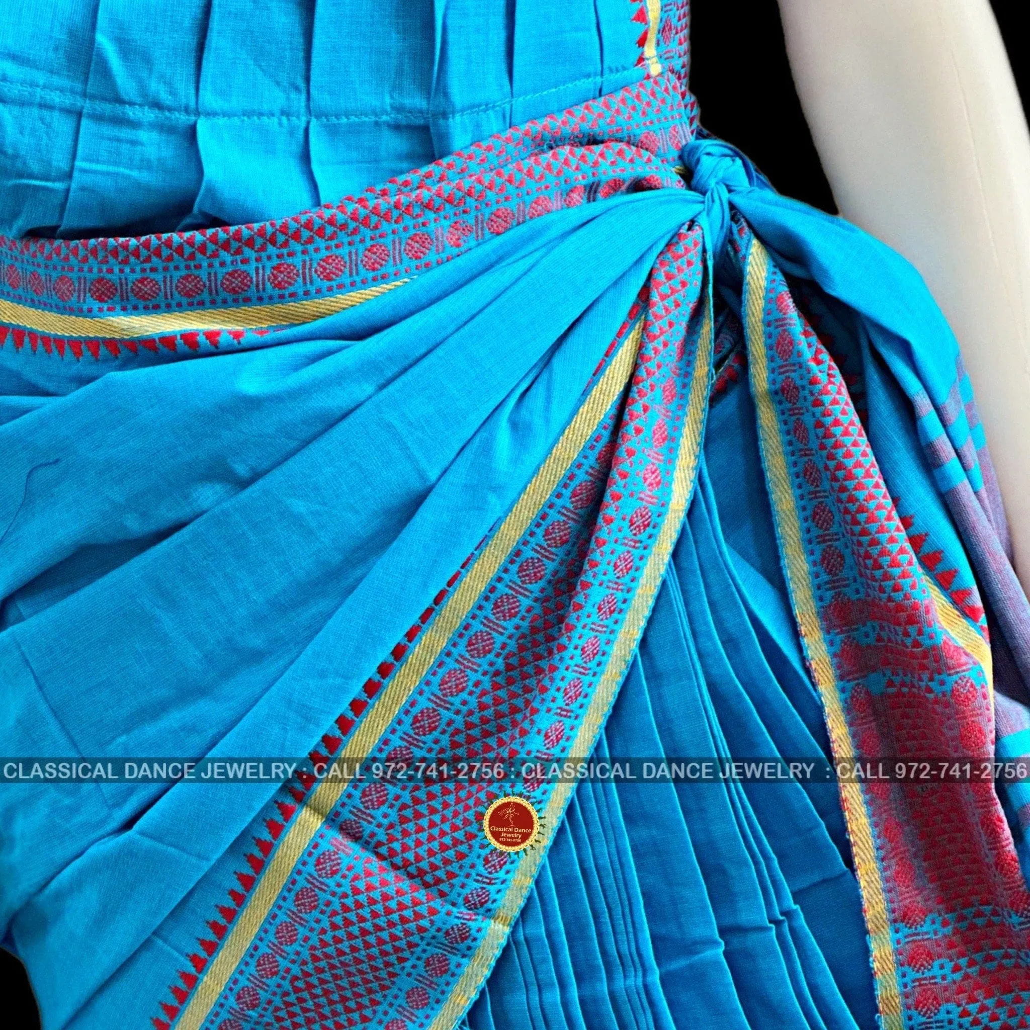 BLUE Pre-stitched Practice Sari RED Blouse | Halfsaree Kalakshethra Saree | Bharatnatyam Kuchipudi | Classical Dance Jewelry